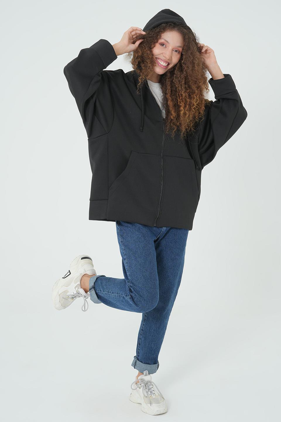 SİYAH KAPÜŞONLU FERMUARLI OVERSİZE SWEATSHIRT