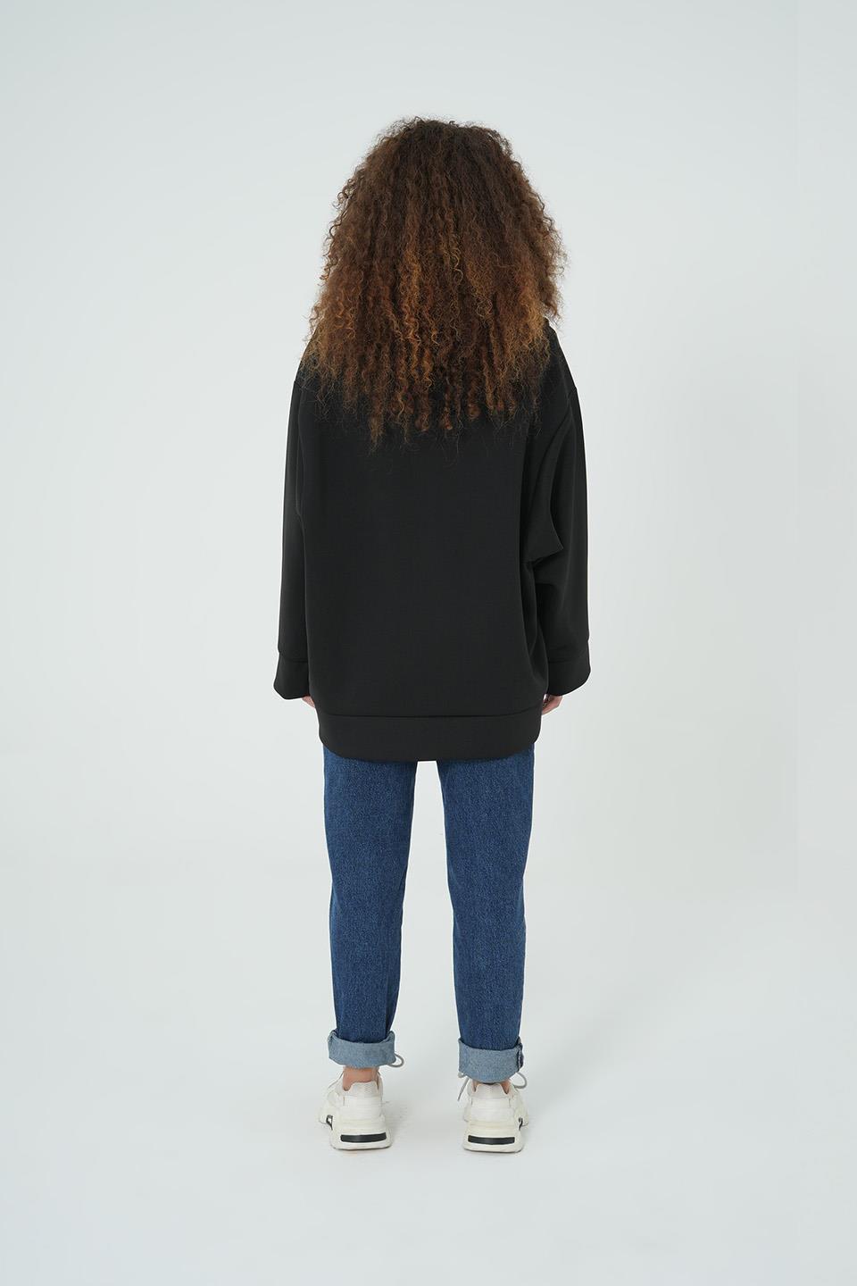 SİYAH KAPÜŞONLU FERMUARLI OVERSİZE SWEATSHIRT