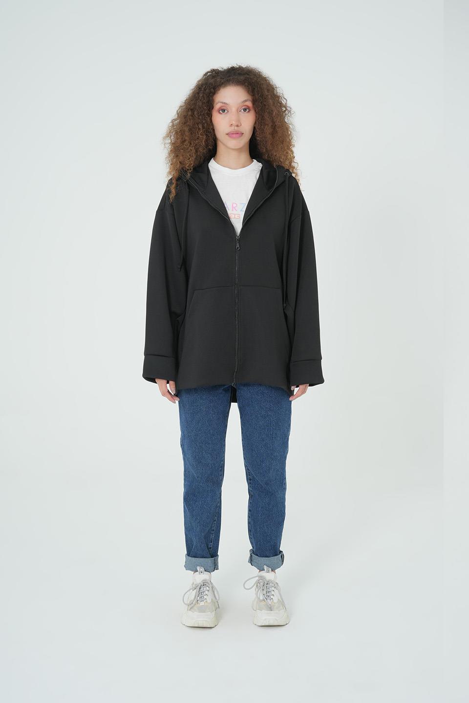SİYAH KAPÜŞONLU FERMUARLI OVERSİZE SWEATSHIRT