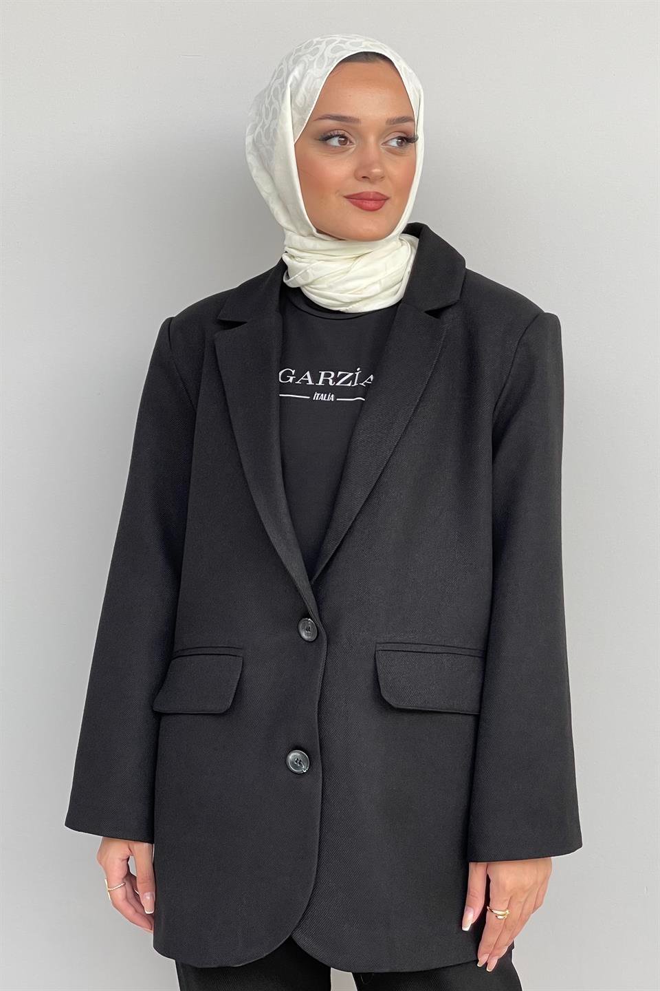 Siyah Oversize Fleto Cepli Ceket