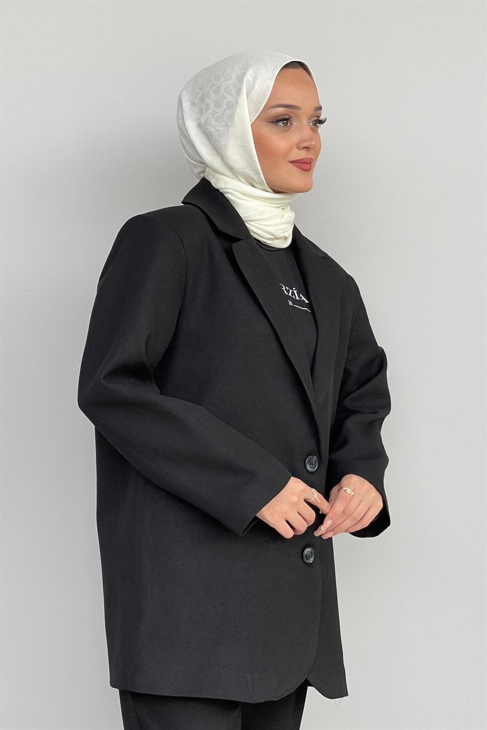 Siyah Oversize Fleto Cepli Ceket