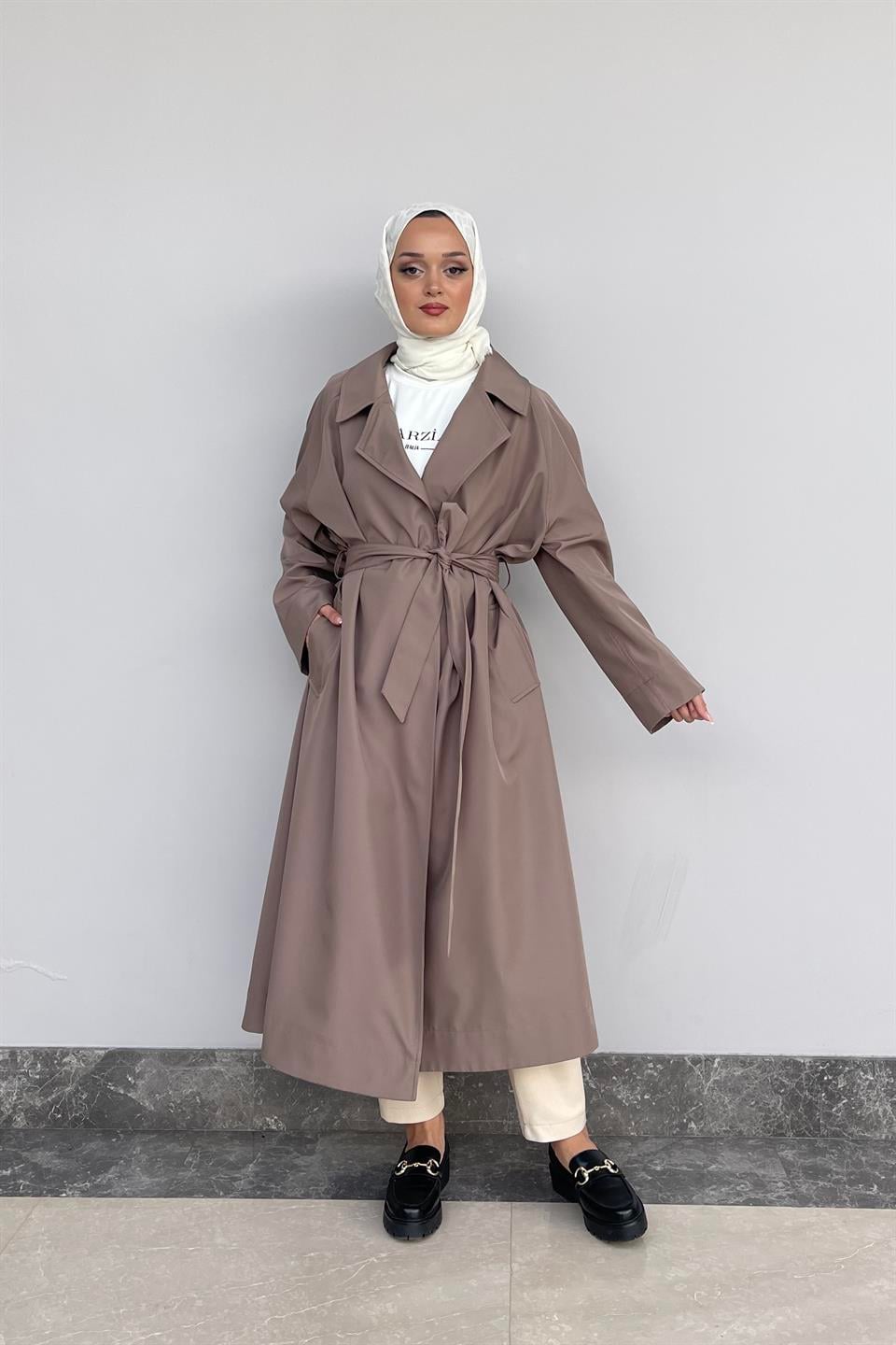 Toprak Oversize Desenli Astar Detaylı Kemerli Trençkot