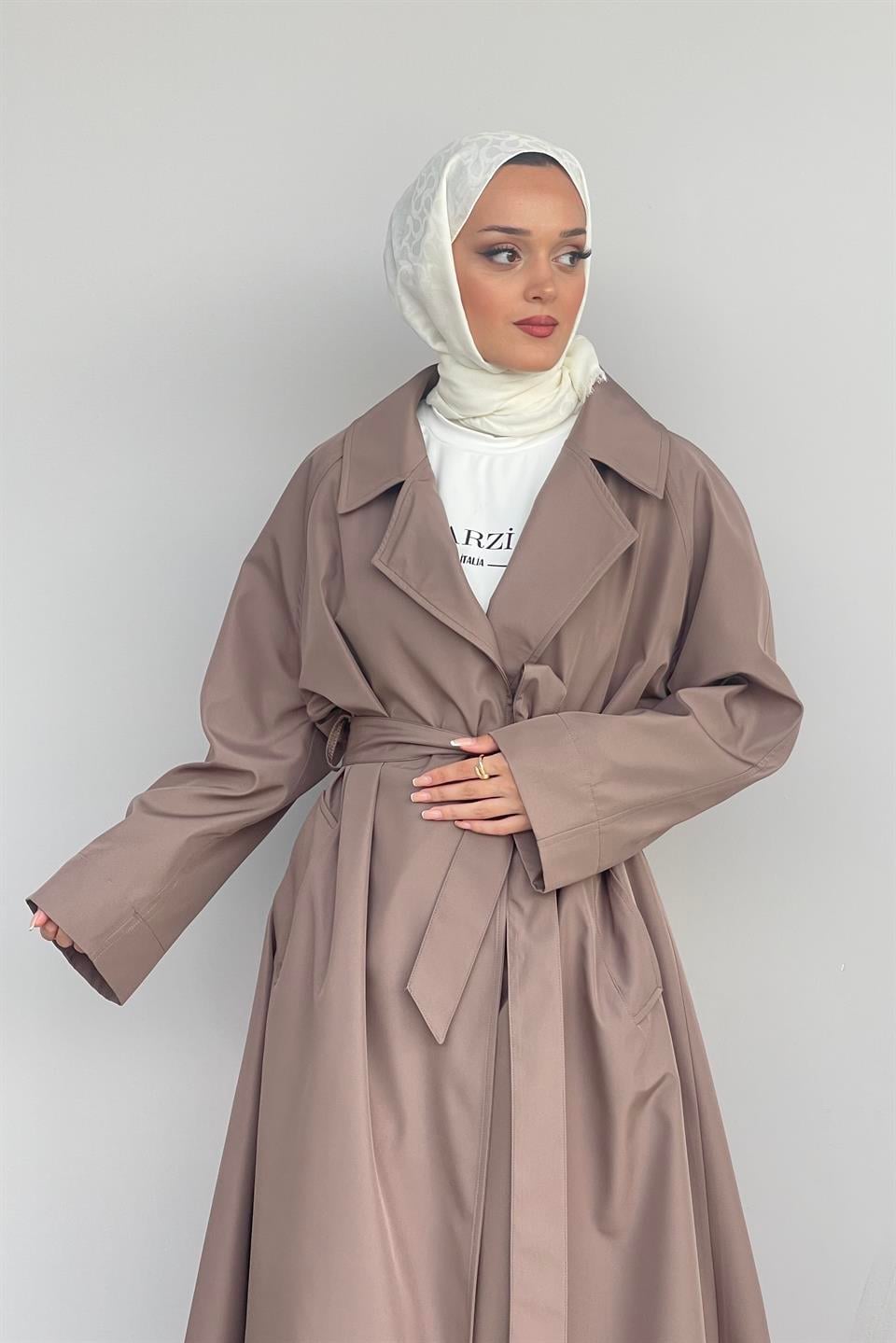 Toprak Oversize Desenli Astar Detaylı Kemerli Trençkot