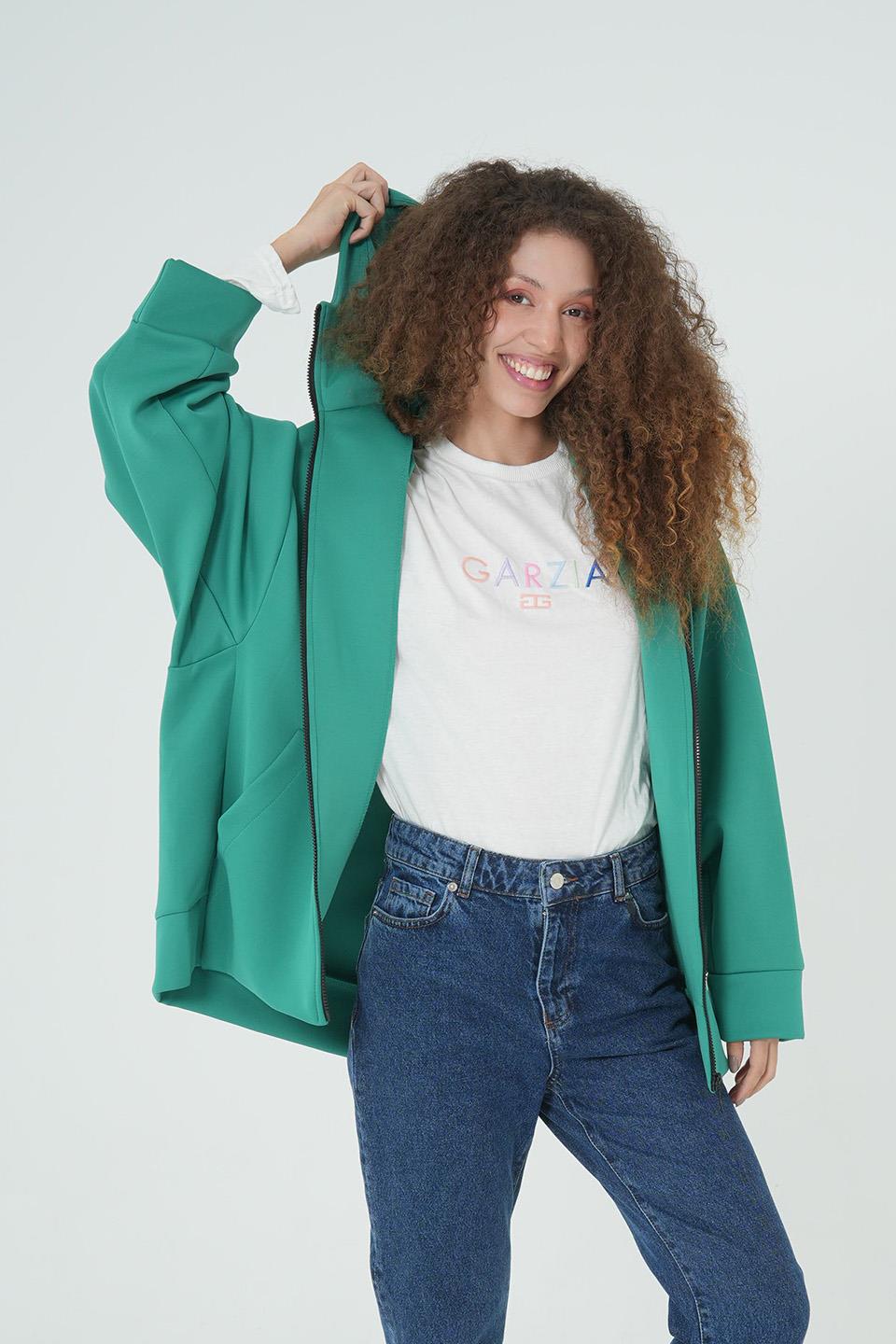 YEŞİL KAPÜŞONLU FERMUARLI OVERSİZE SWEATSHIRT