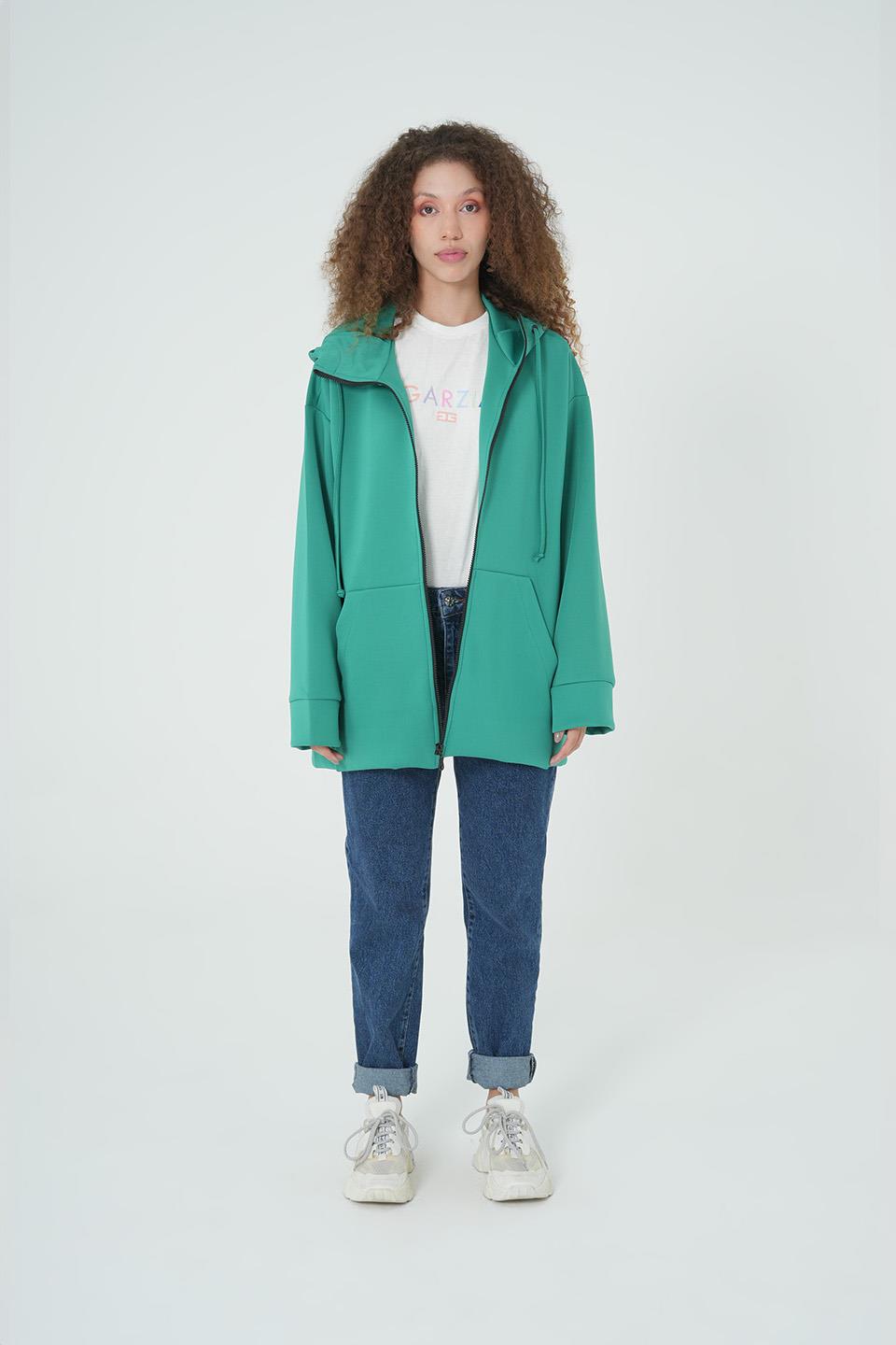 YEŞİL KAPÜŞONLU FERMUARLI OVERSİZE SWEATSHIRT