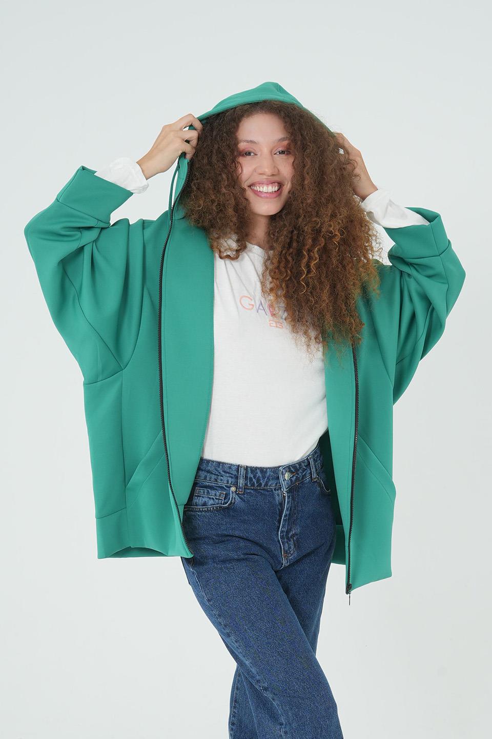 YEŞİL KAPÜŞONLU FERMUARLI OVERSİZE SWEATSHIRT