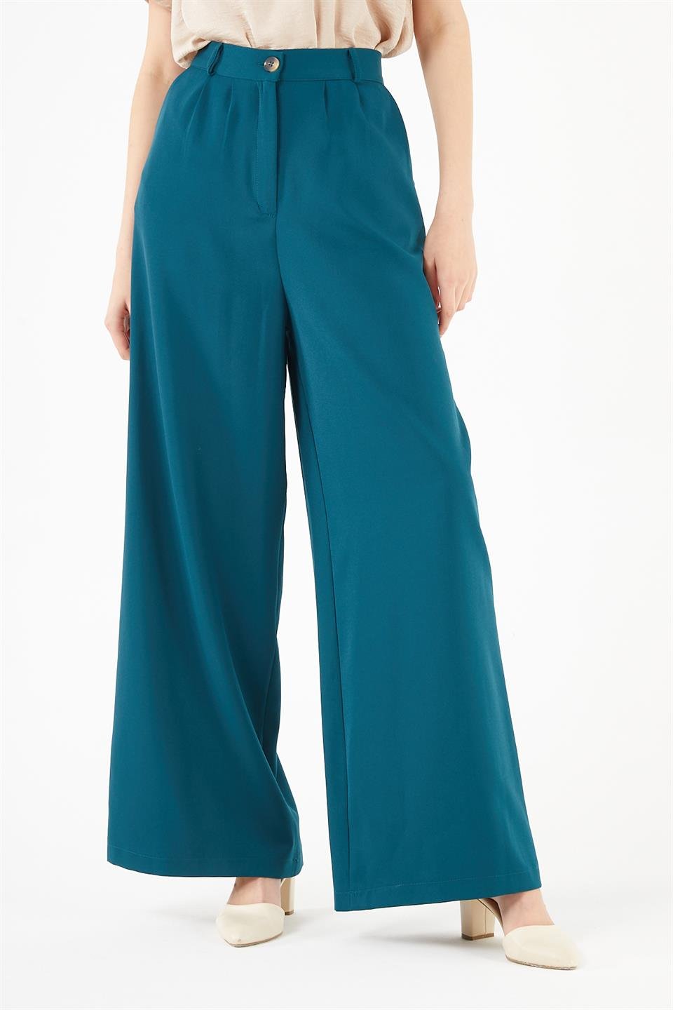 ZÜMRÜT YEŞİLİ DOUBLE PİLELİ CEPLİ  BOL PAÇA PANTOLON