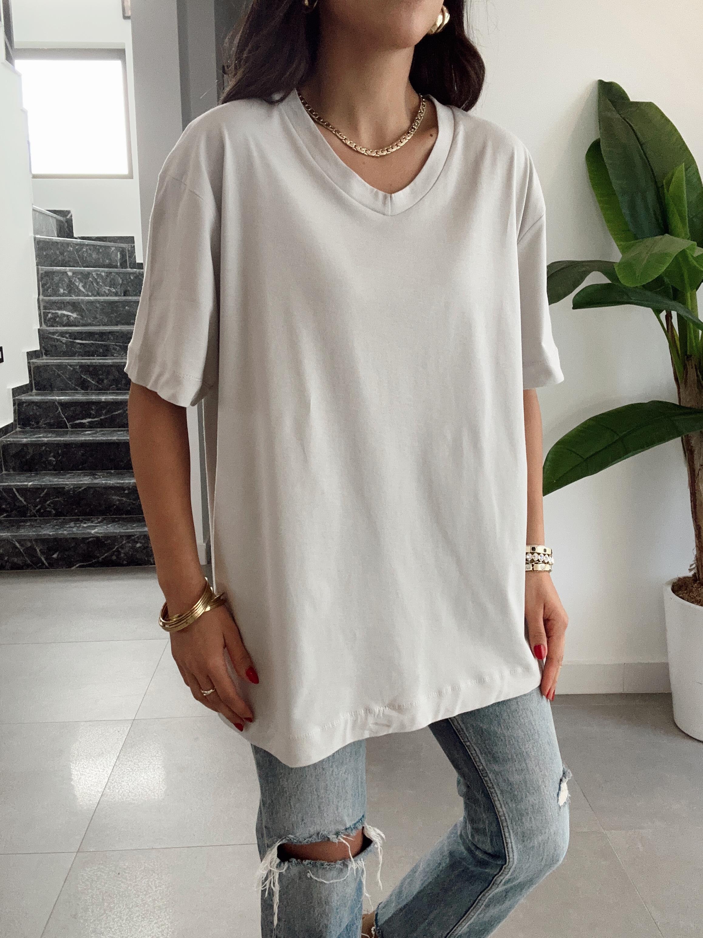 Açık Gri V Yaka Oversize Tshirt