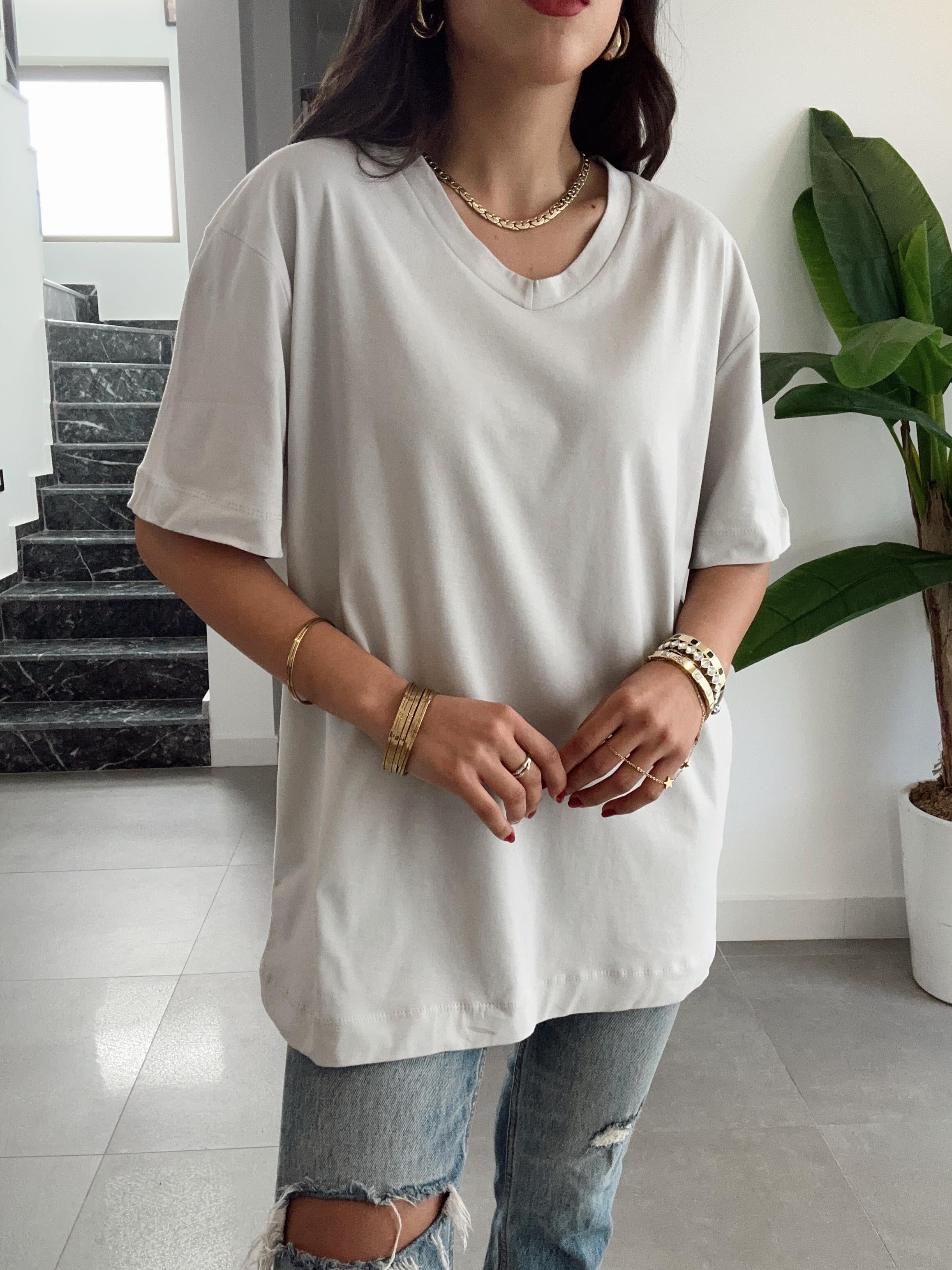 Açık Gri V Yaka Oversize Tshirt