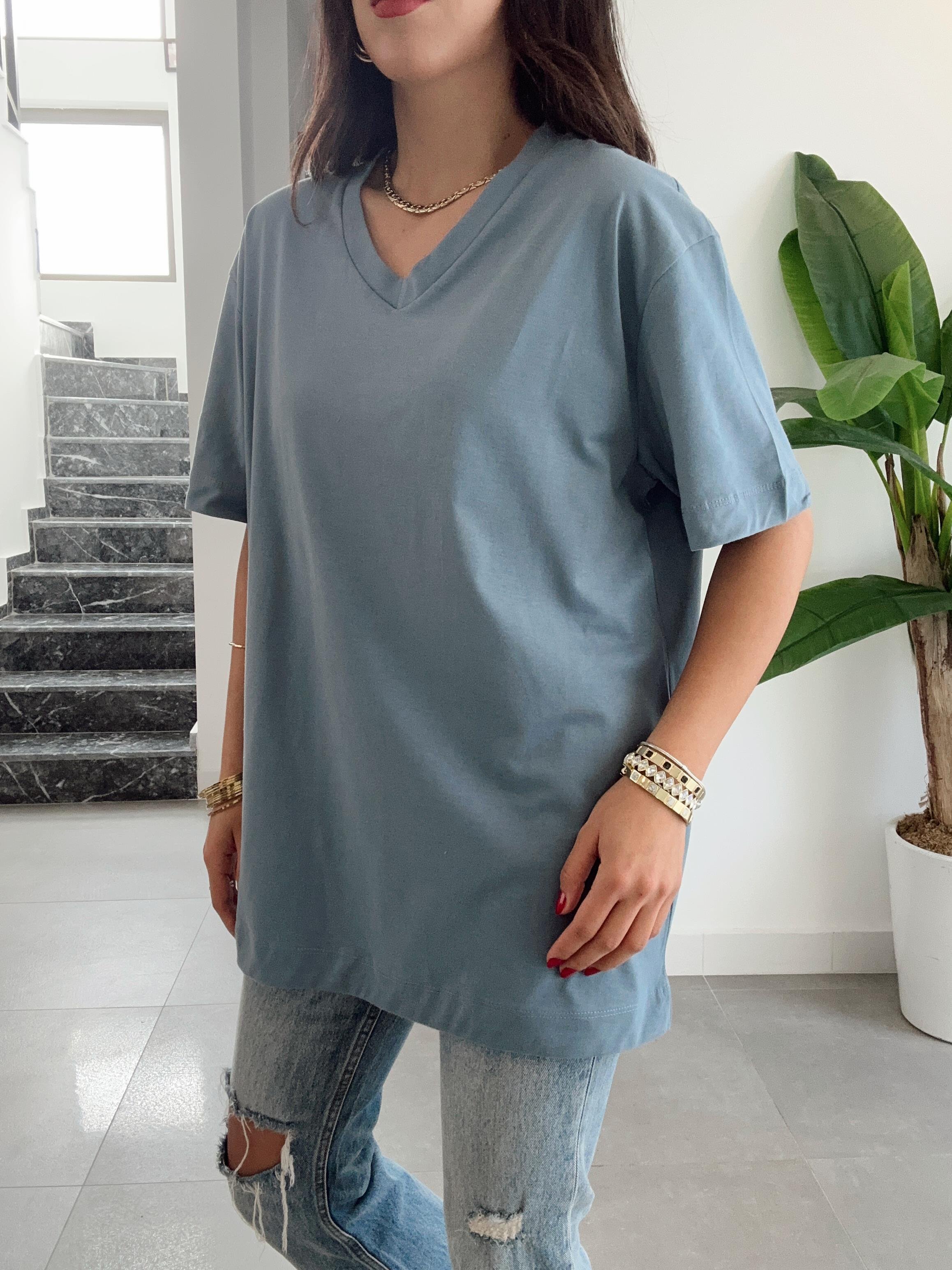 Açık Mavi V Yaka Oversize Tshirt