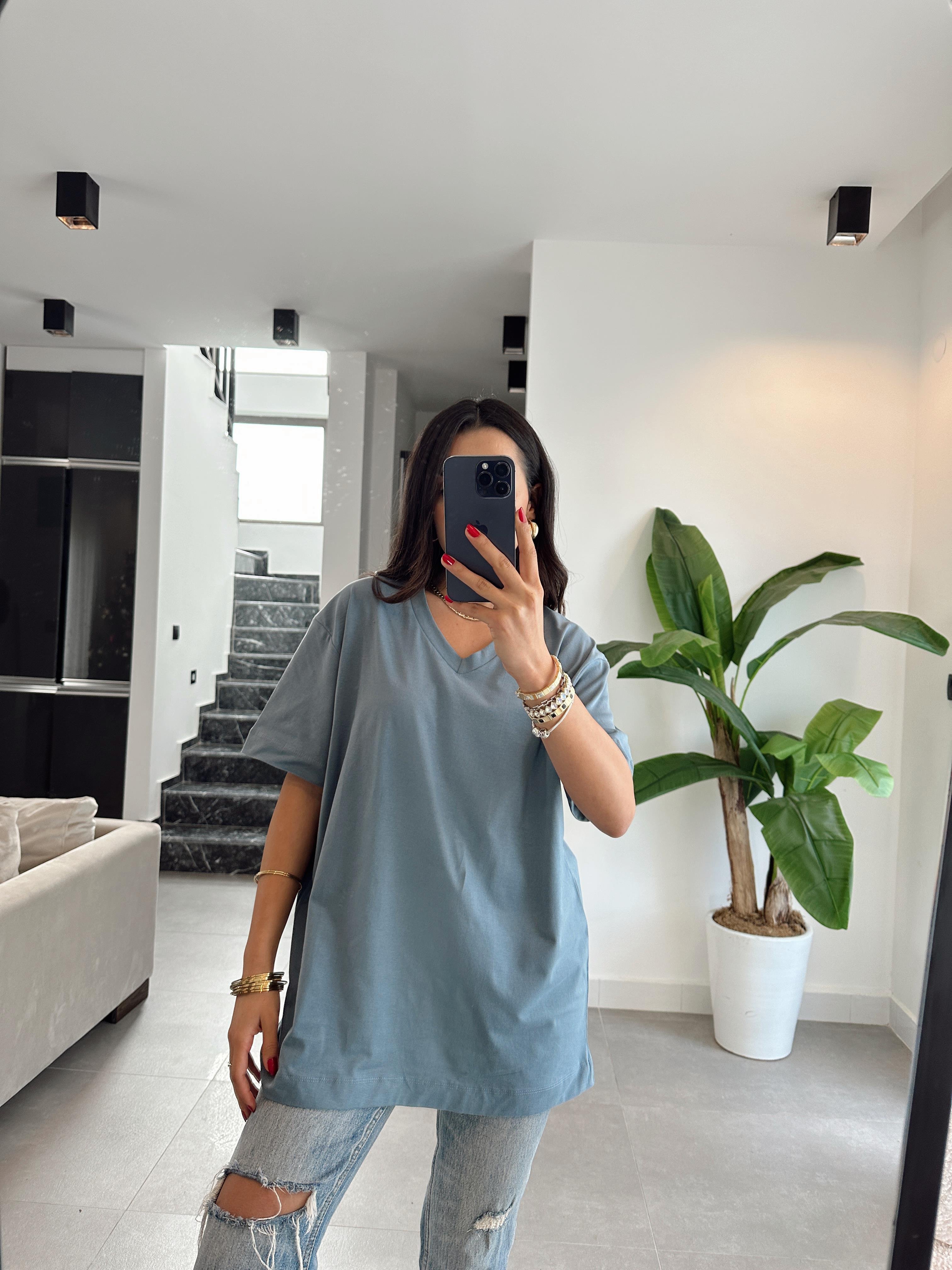 Açık Mavi V Yaka Oversize Tshirt