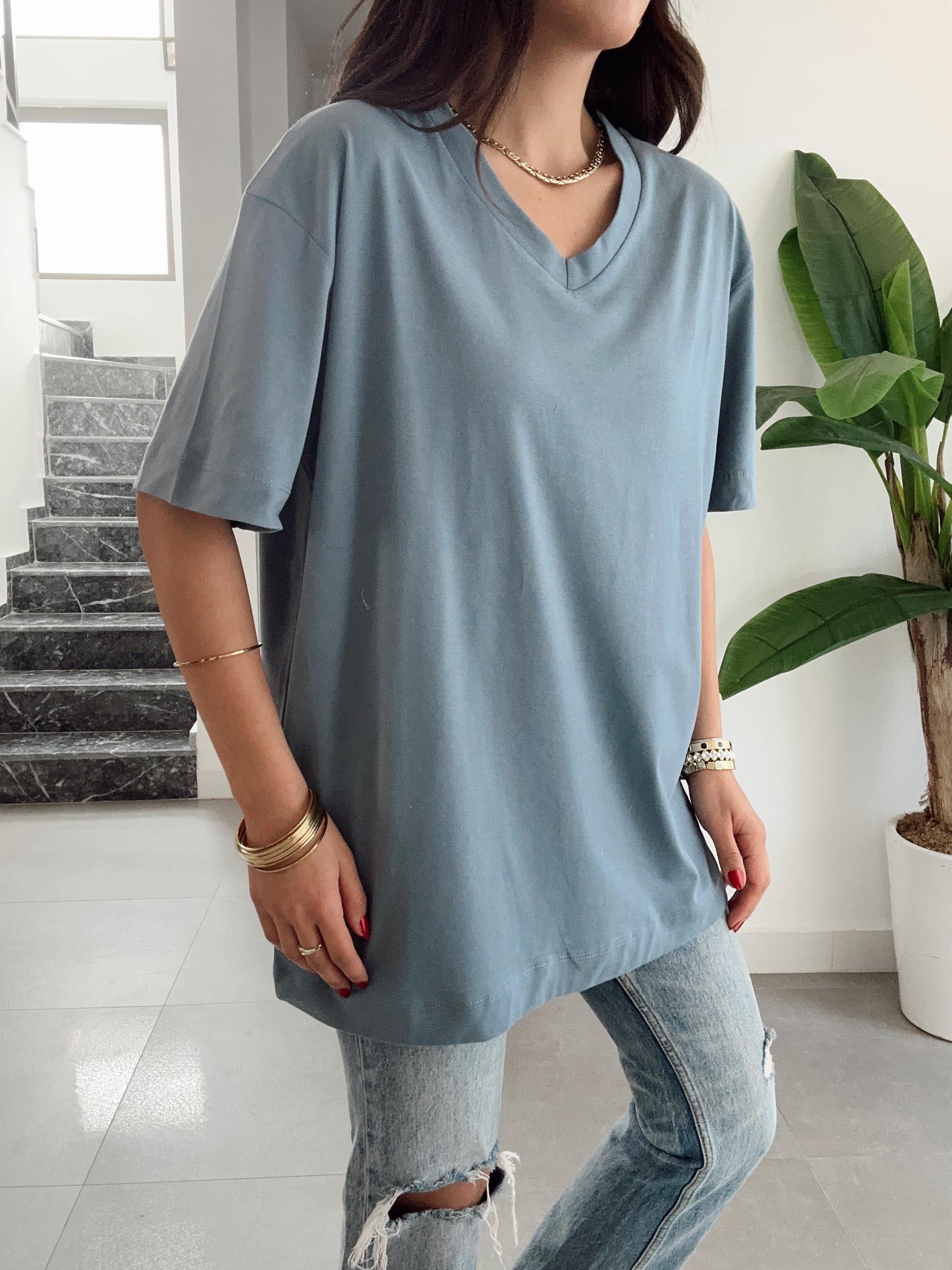 Açık Mavi V Yaka Oversize Tshirt