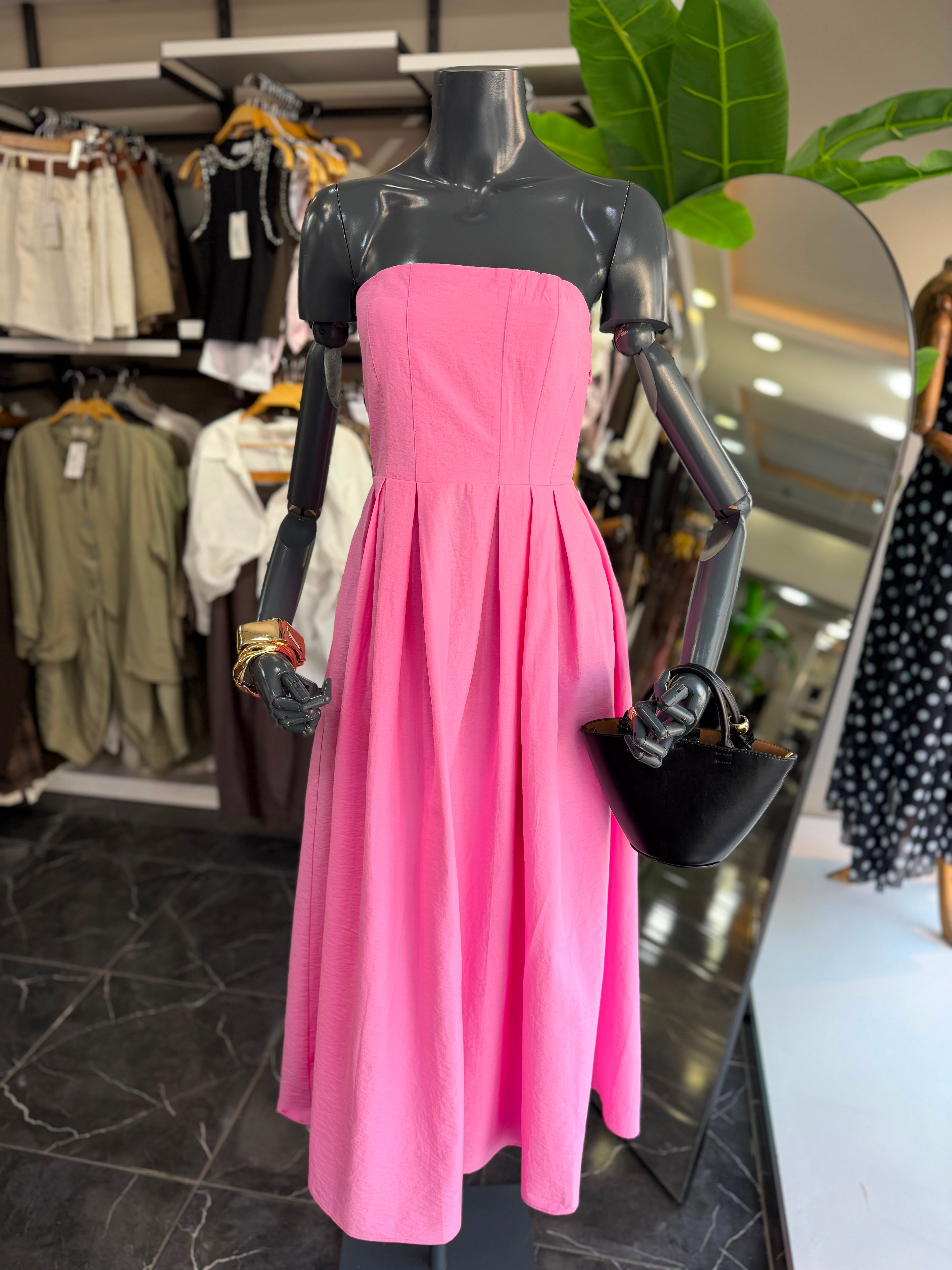 Alina Pembe Poplin Kumaş Straplez Elbise