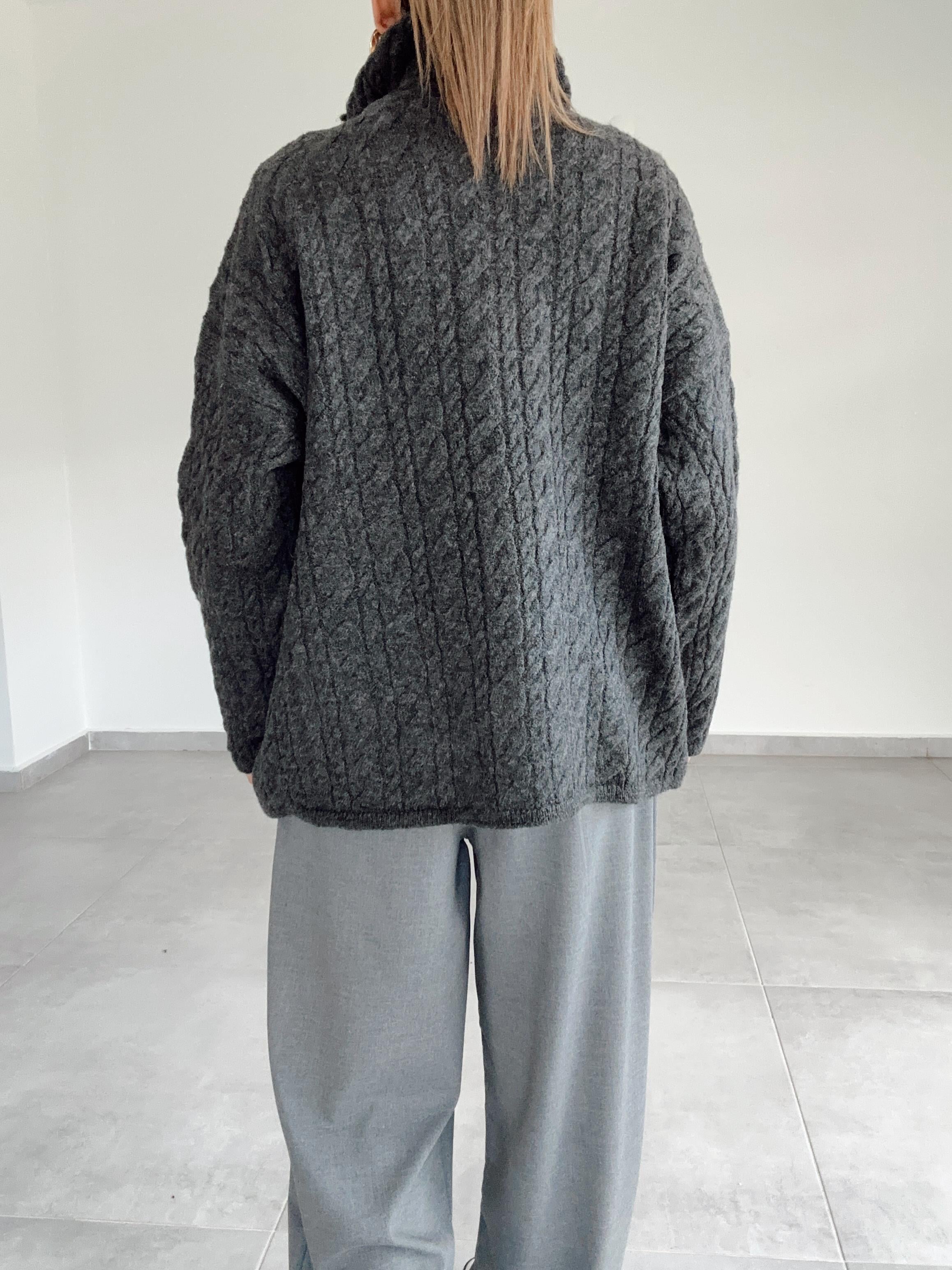 Antrasit Fermuarlı Triko Kazak