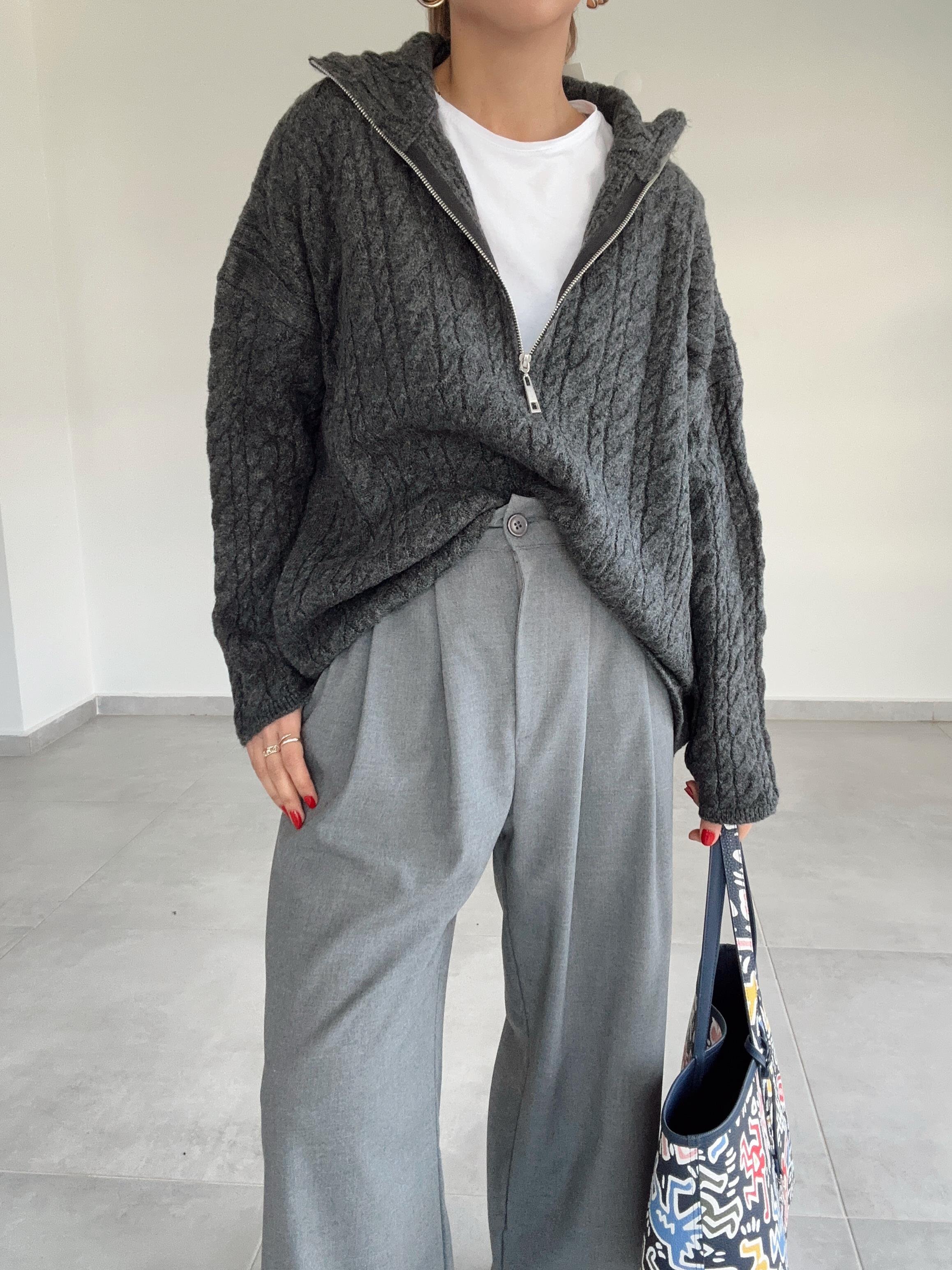 Antrasit Fermuarlı Triko Kazak