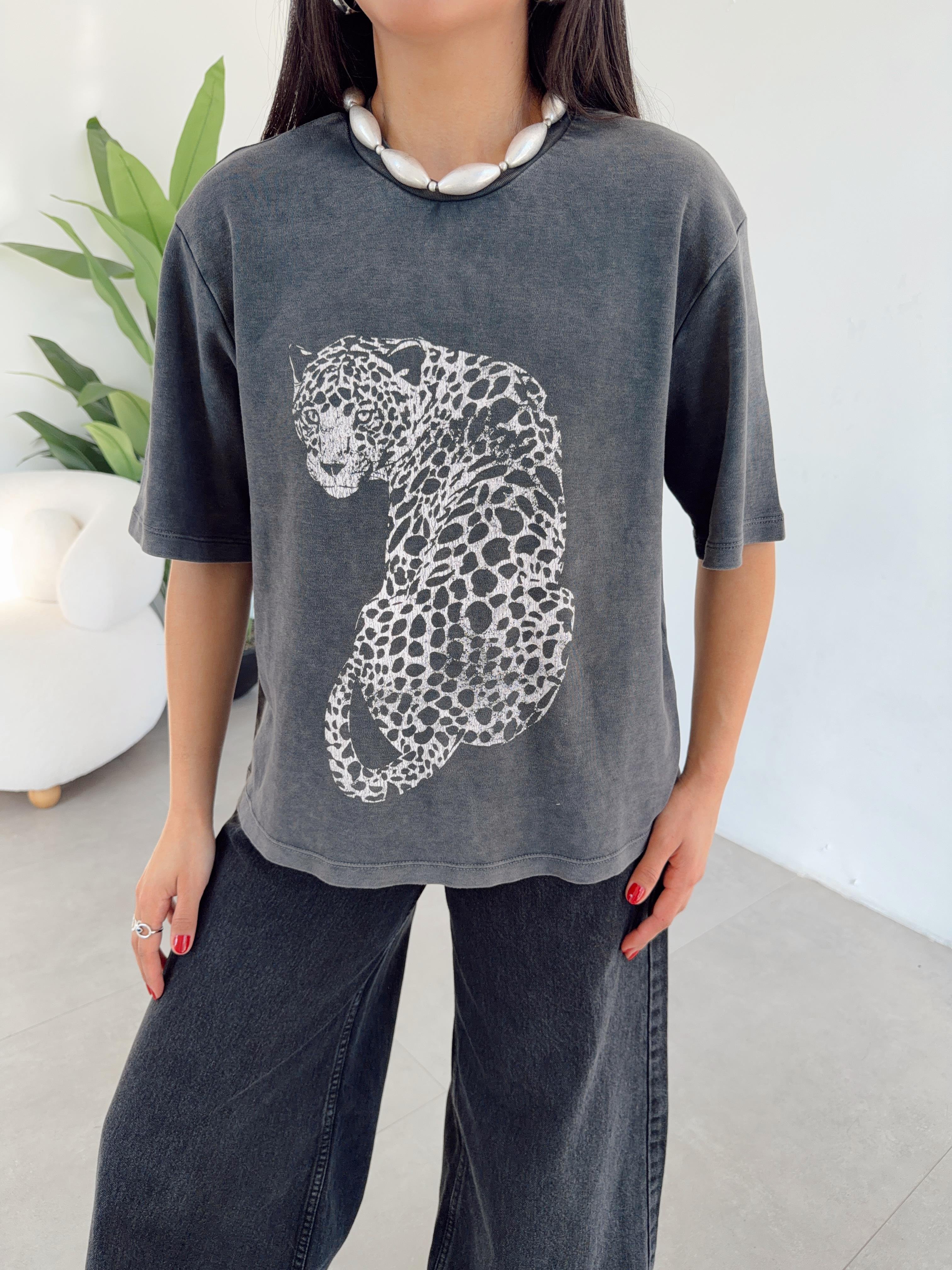 Antrasit Kaplan Basklı Tshirt