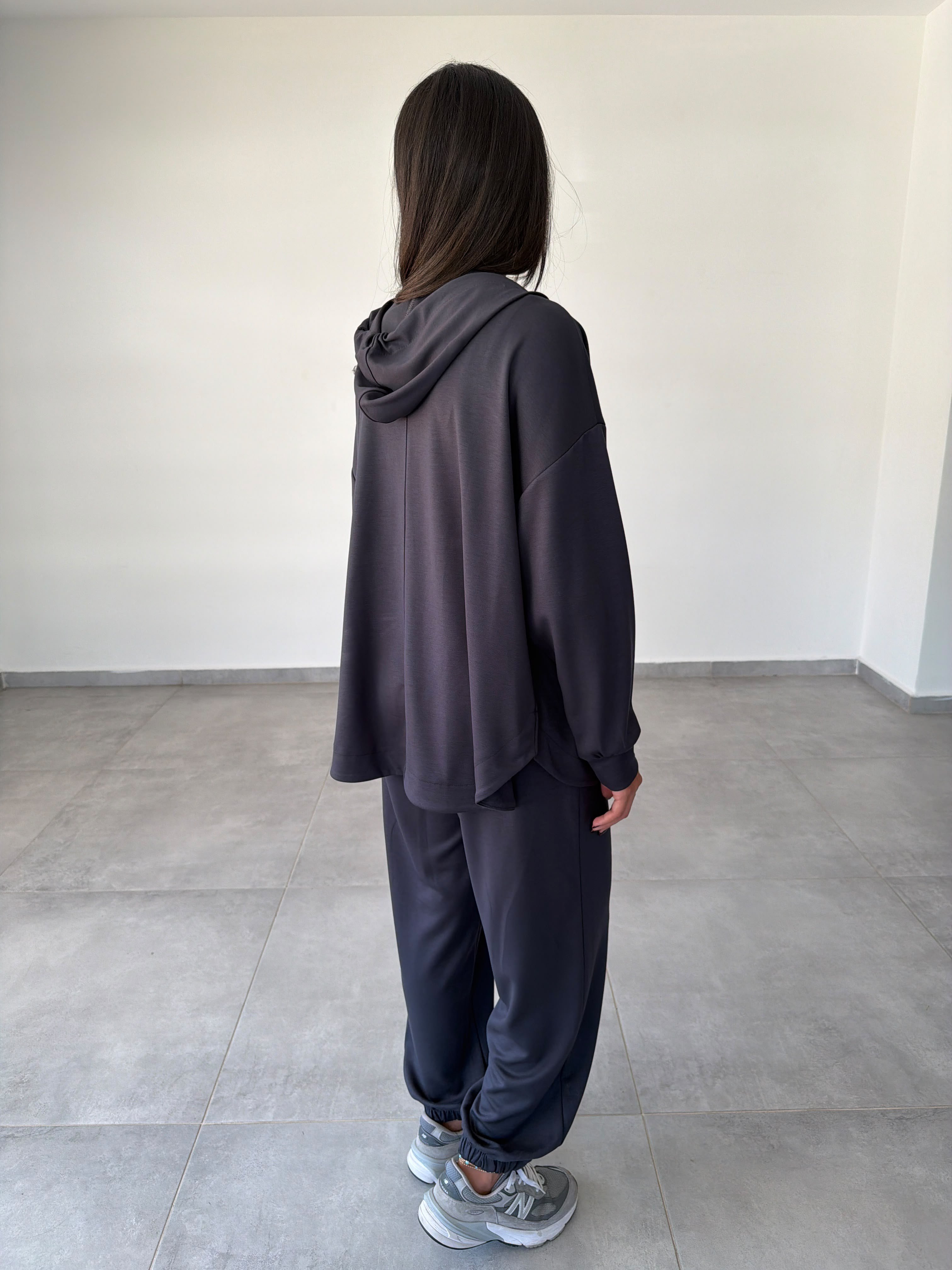 Antrasit Kapüşonlu Fermuarlı Rahat Kesim Sweatshirt