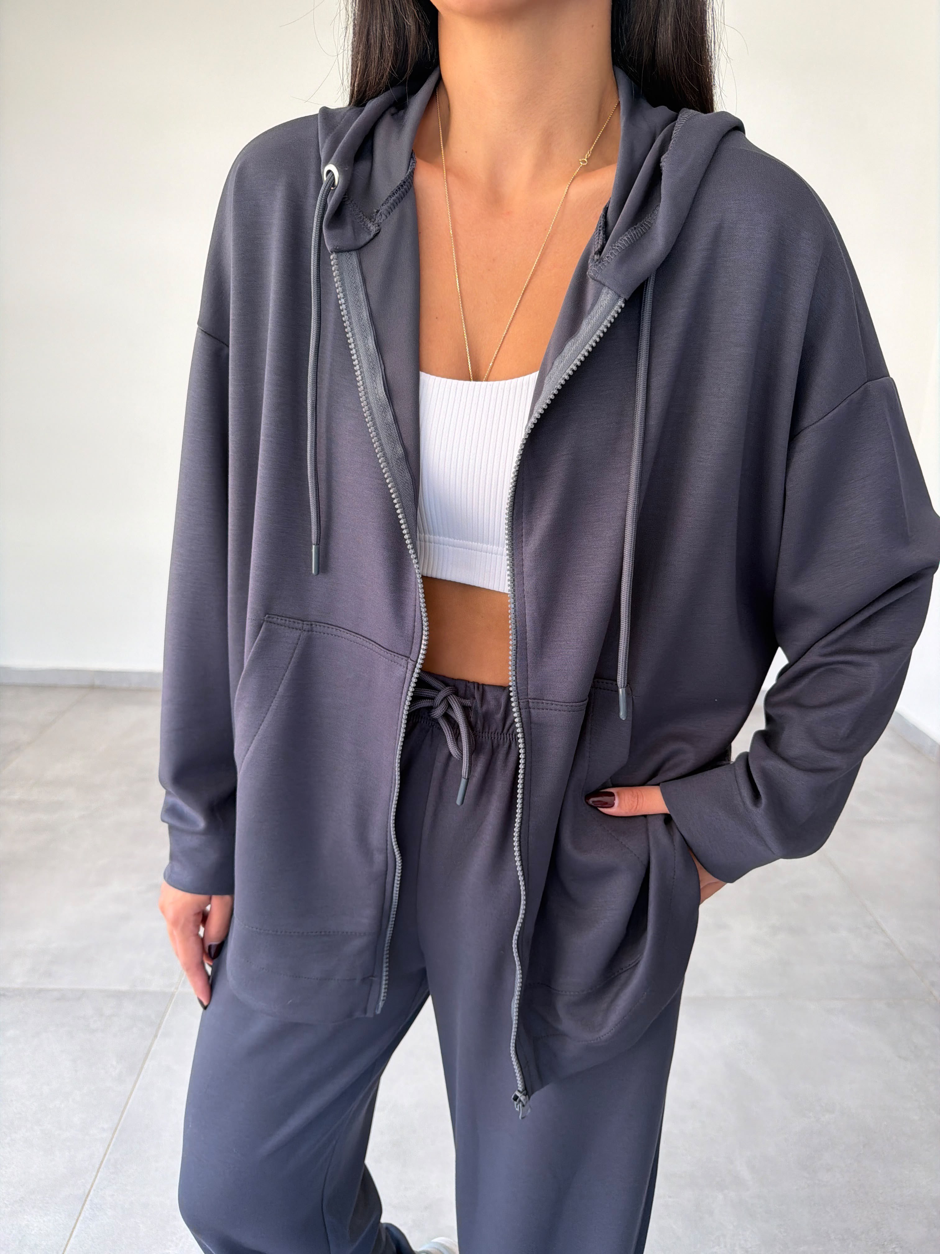 Antrasit Kapüşonlu Fermuarlı Rahat Kesim Sweatshirt