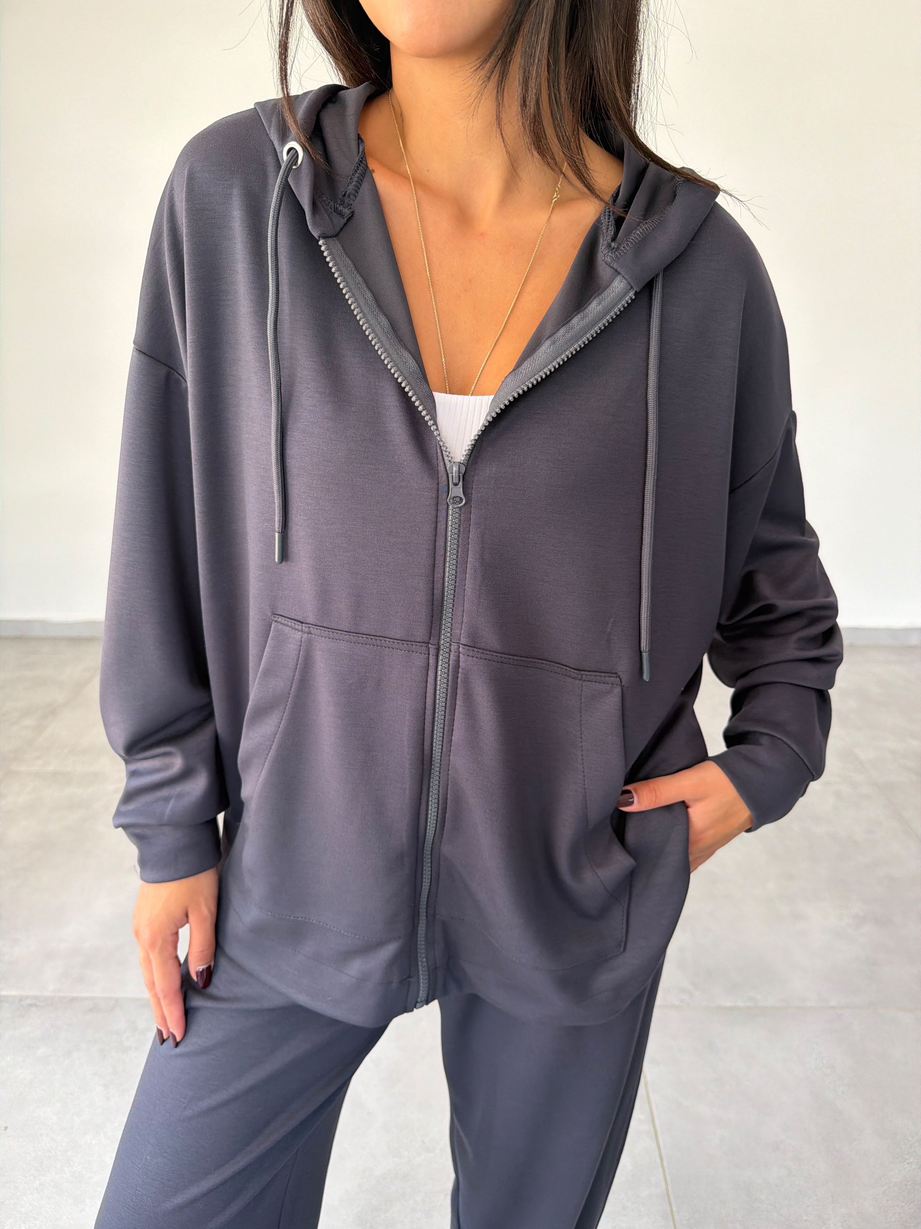 Antrasit Kapüşonlu Fermuarlı Rahat Kesim Sweatshirt