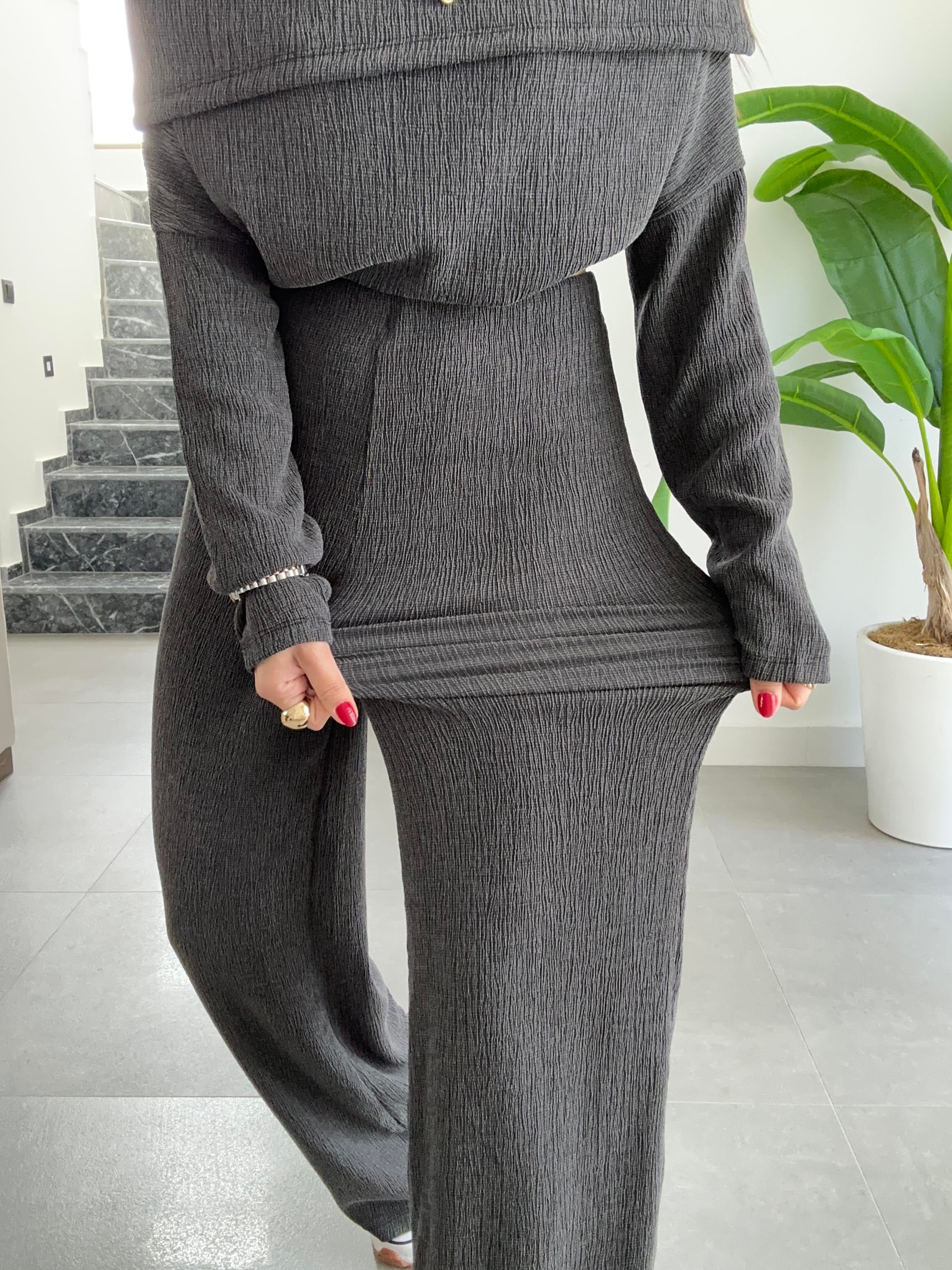 Antrasit Kırinkıl Madonna Yaka Kemersiz Pantolon Takım