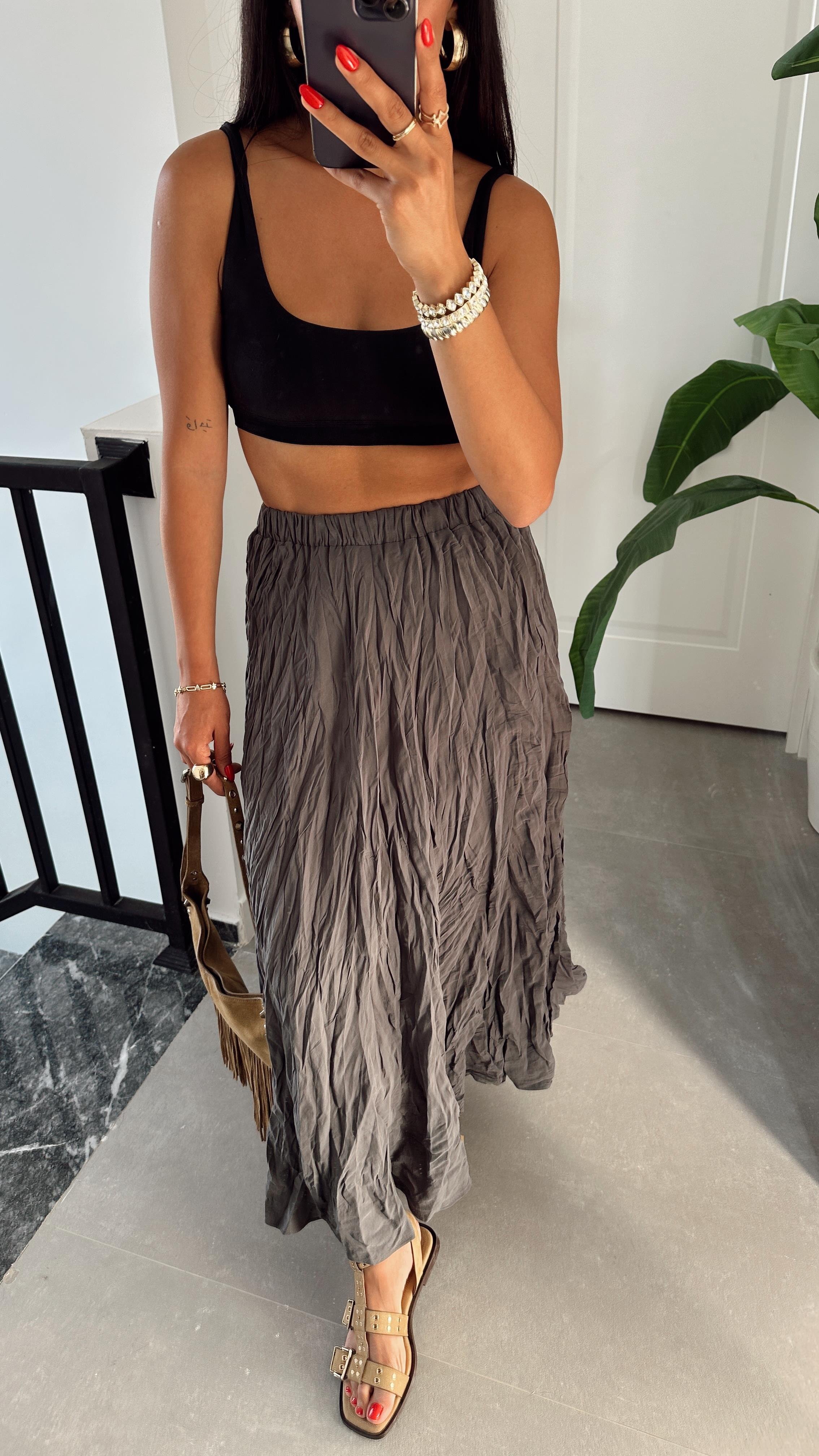 Antrasit Kırışık Etek