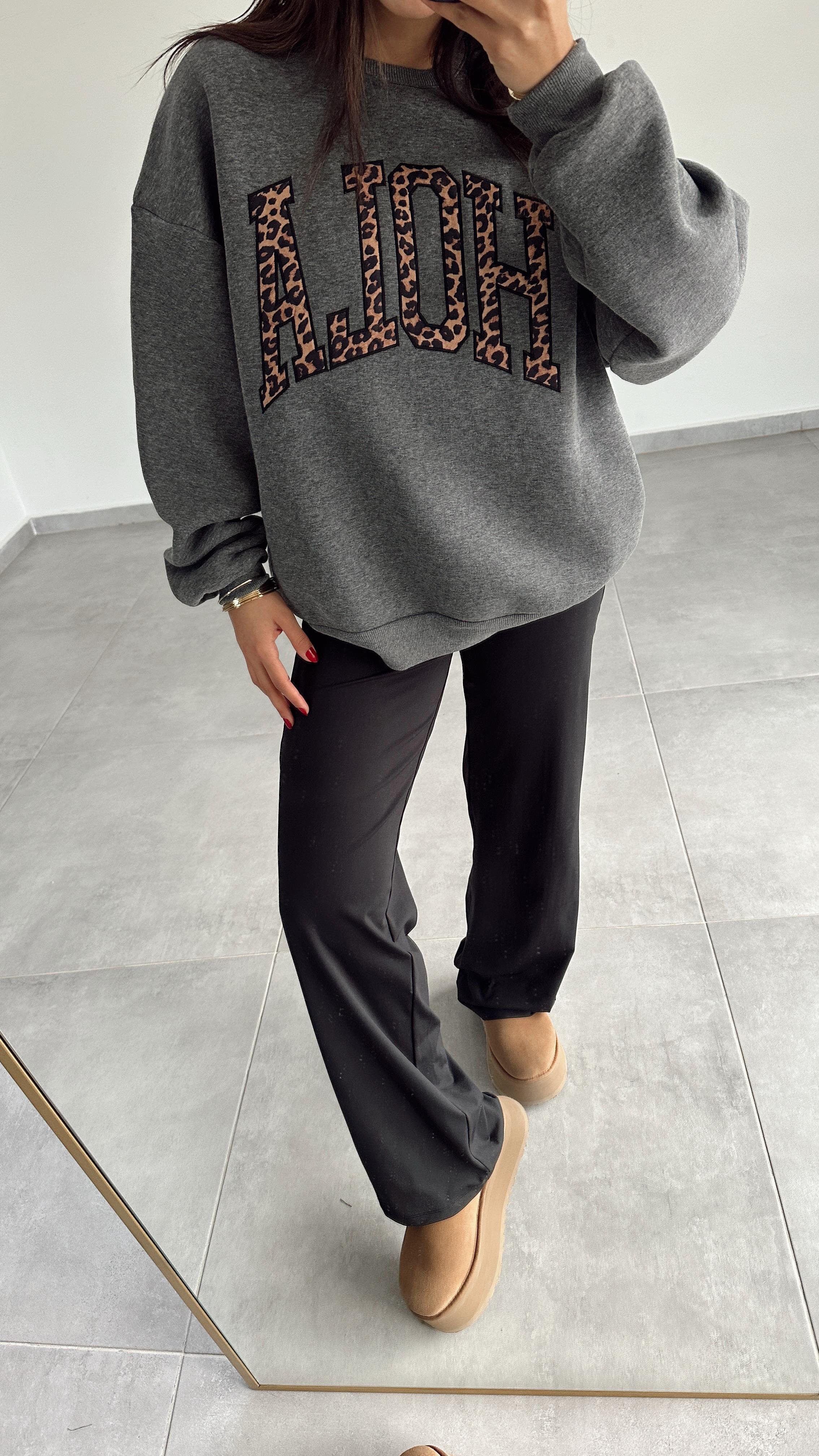 Antrasit Leopar Detaylı Sweat