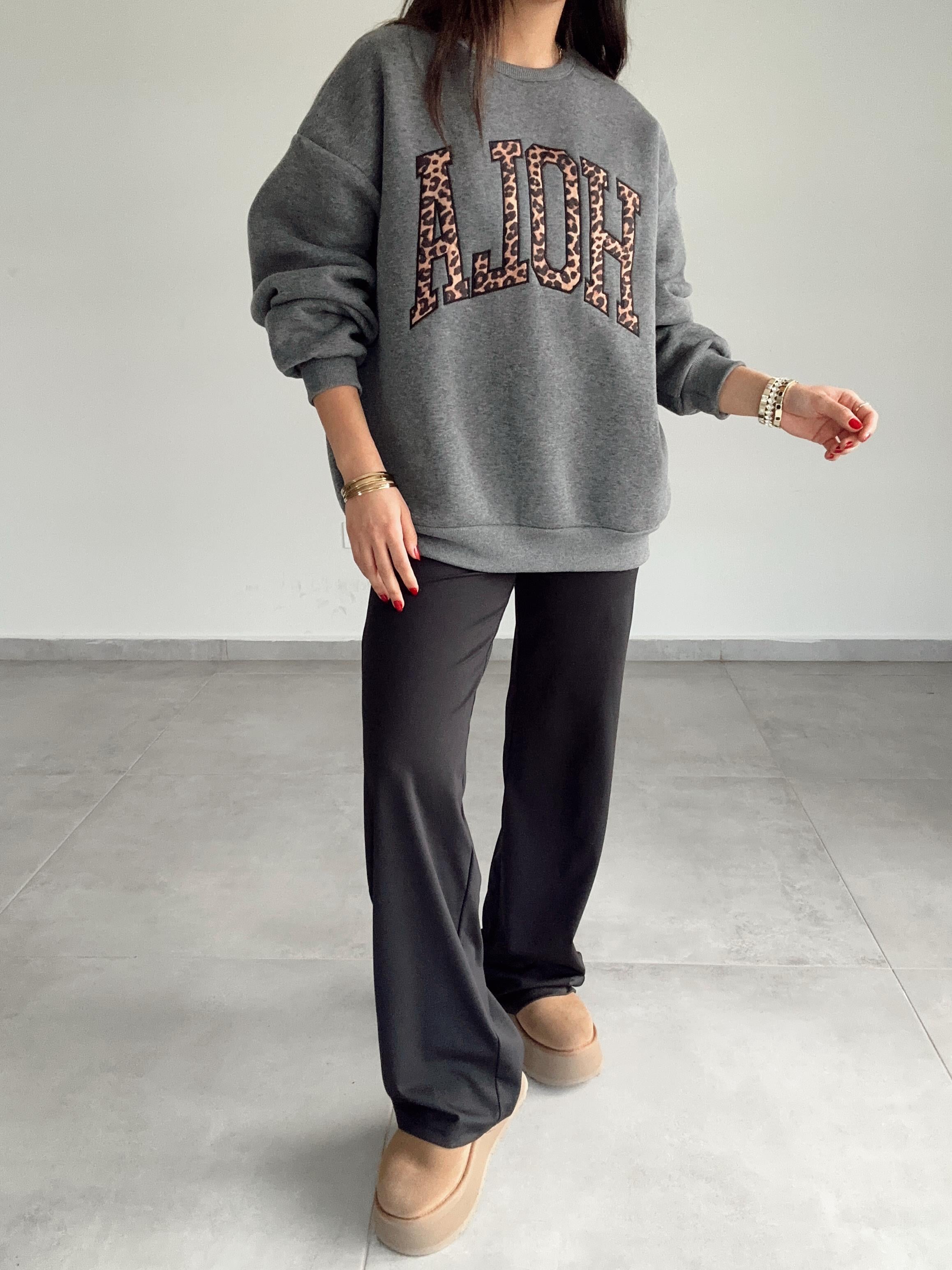 Antrasit Leopar Detaylı Sweat