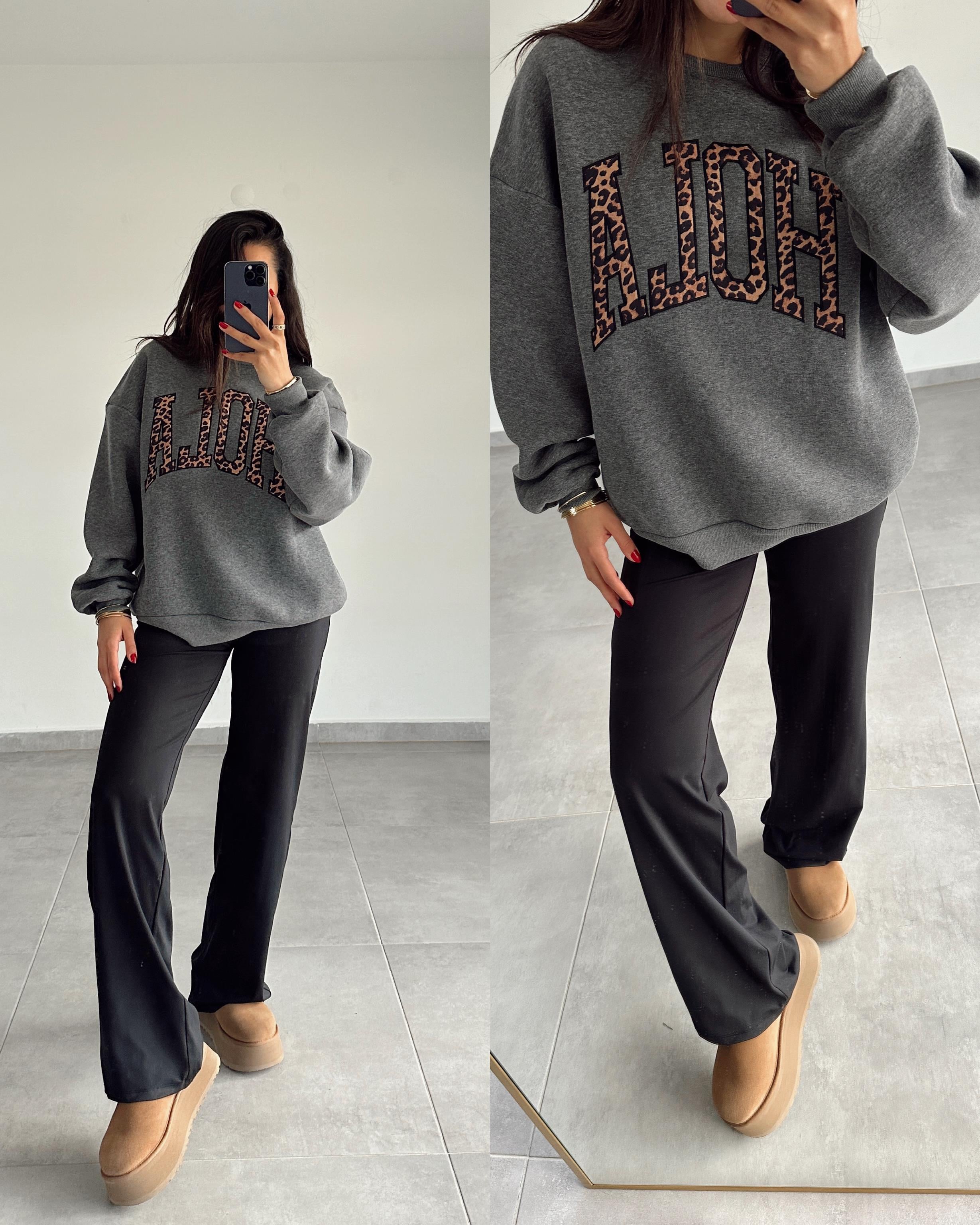 Antrasit Leopar Detaylı Sweat