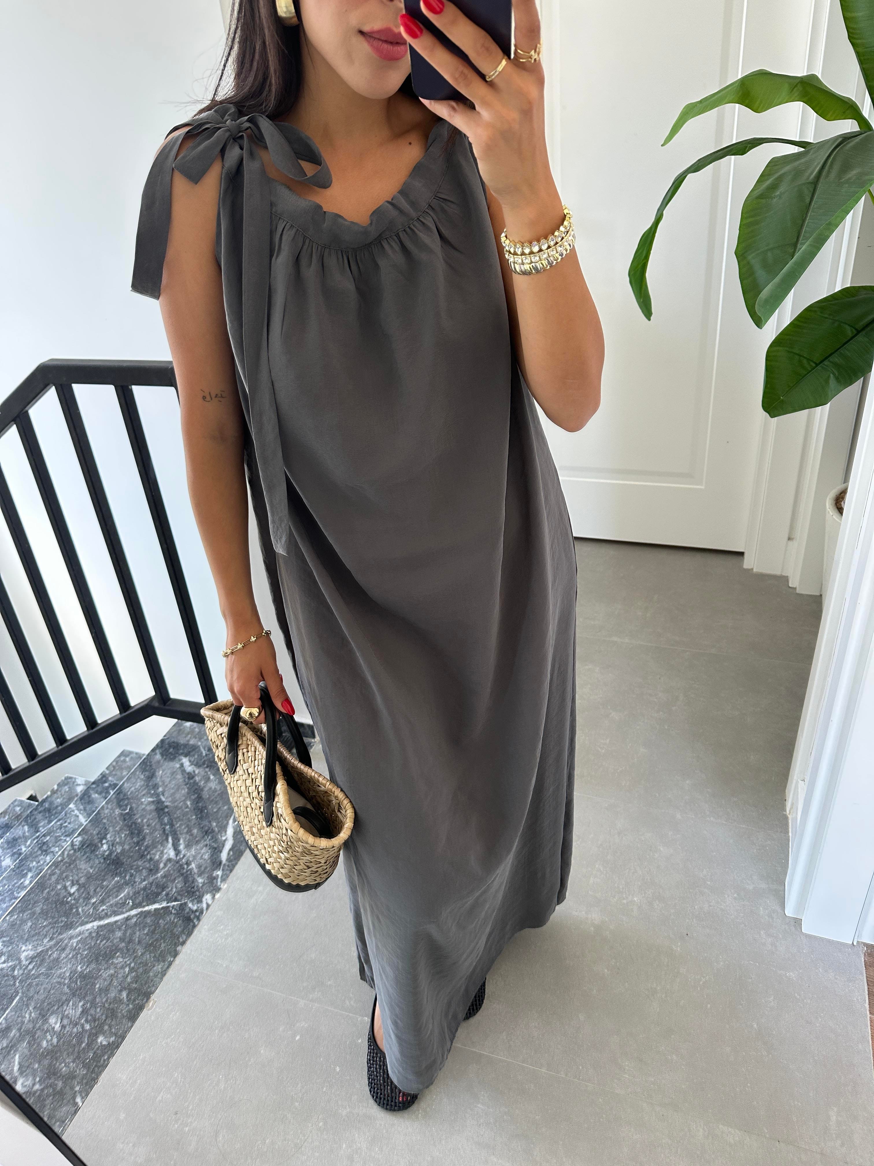 Antrasit Omuzdan Bağlamalı Elbise