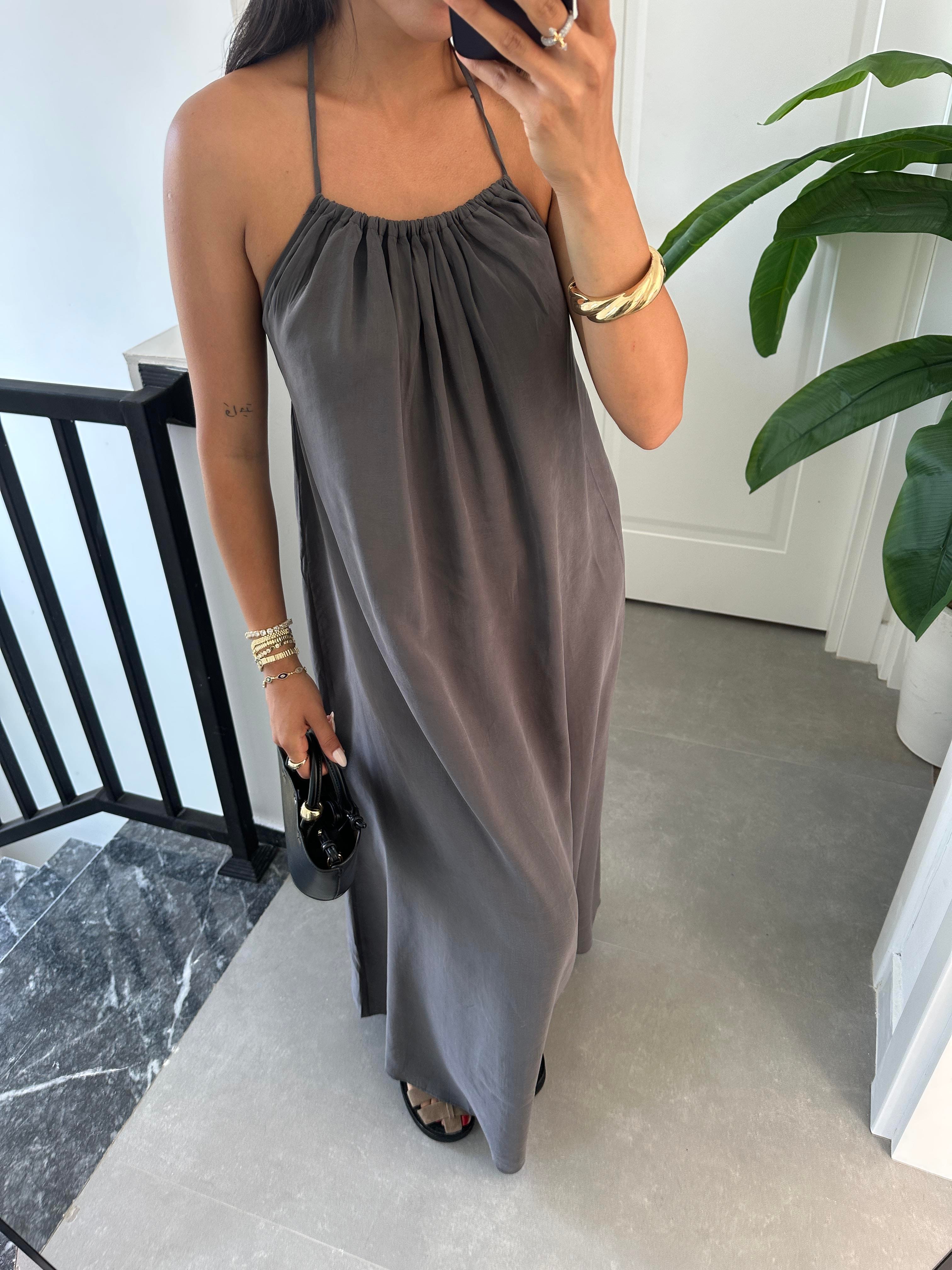 Antrasit Sırt Dekolteli Askılı Elbise