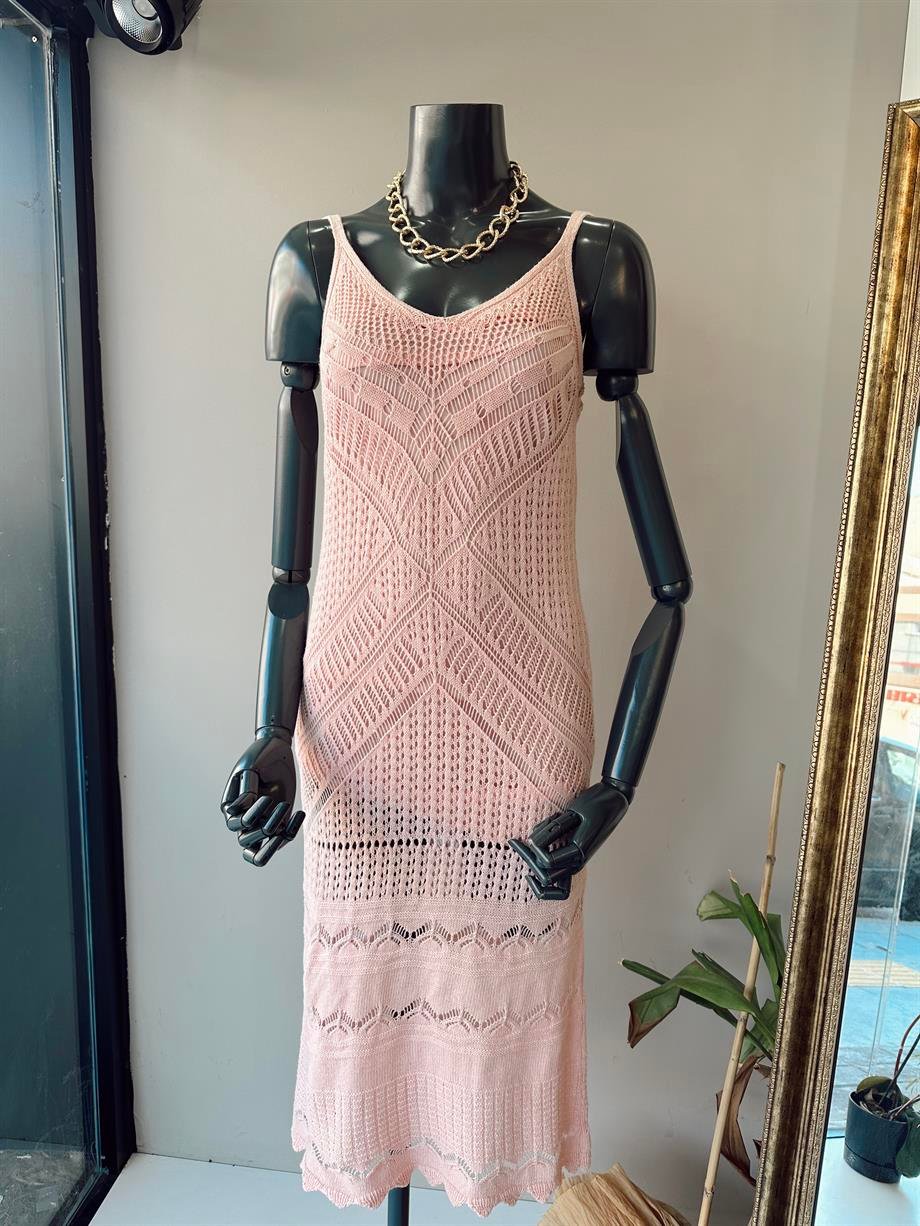 Askılı Ajur Desenli Pudra Elbise