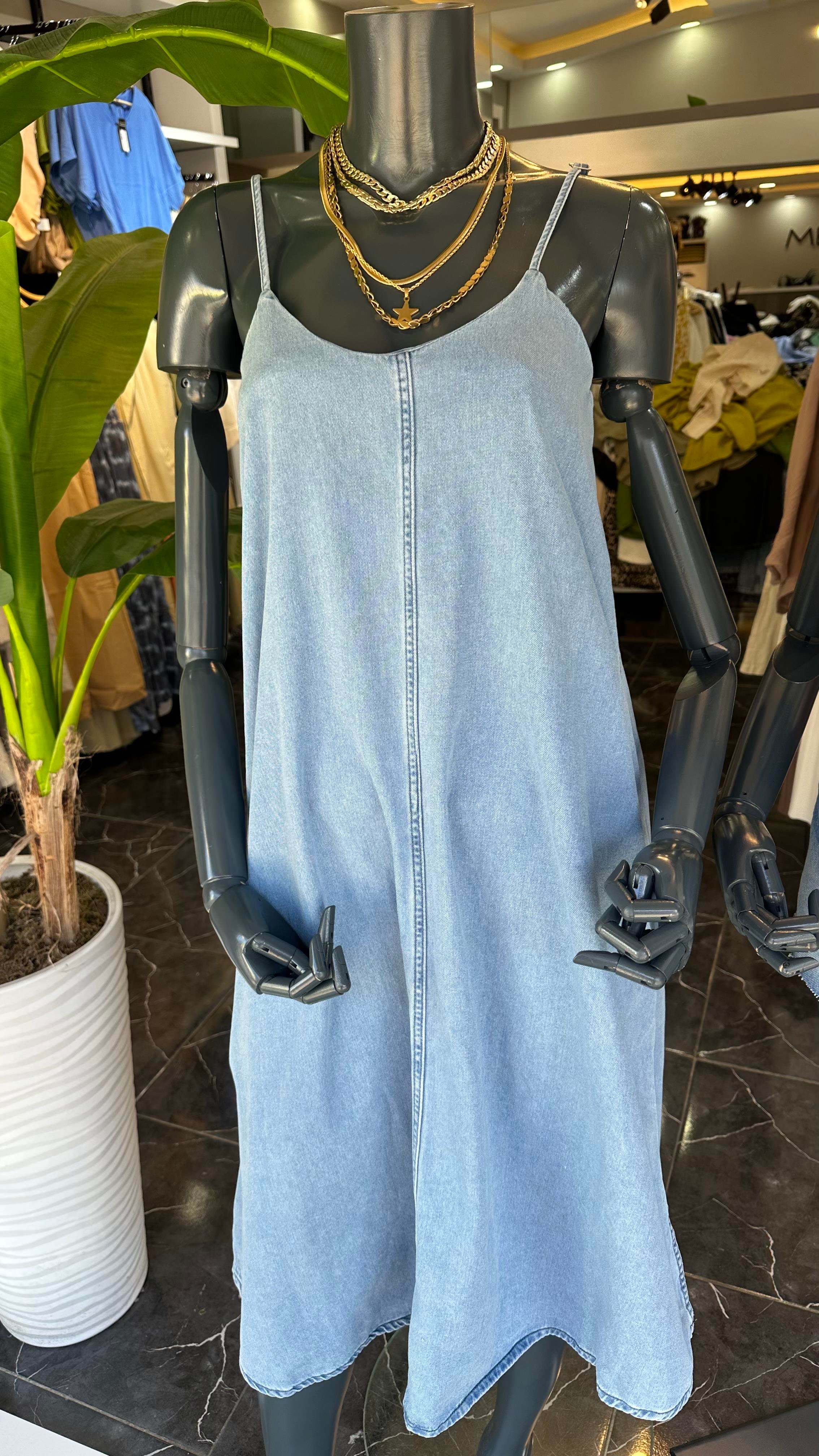 Askılı Midi Boy Kot Elbise