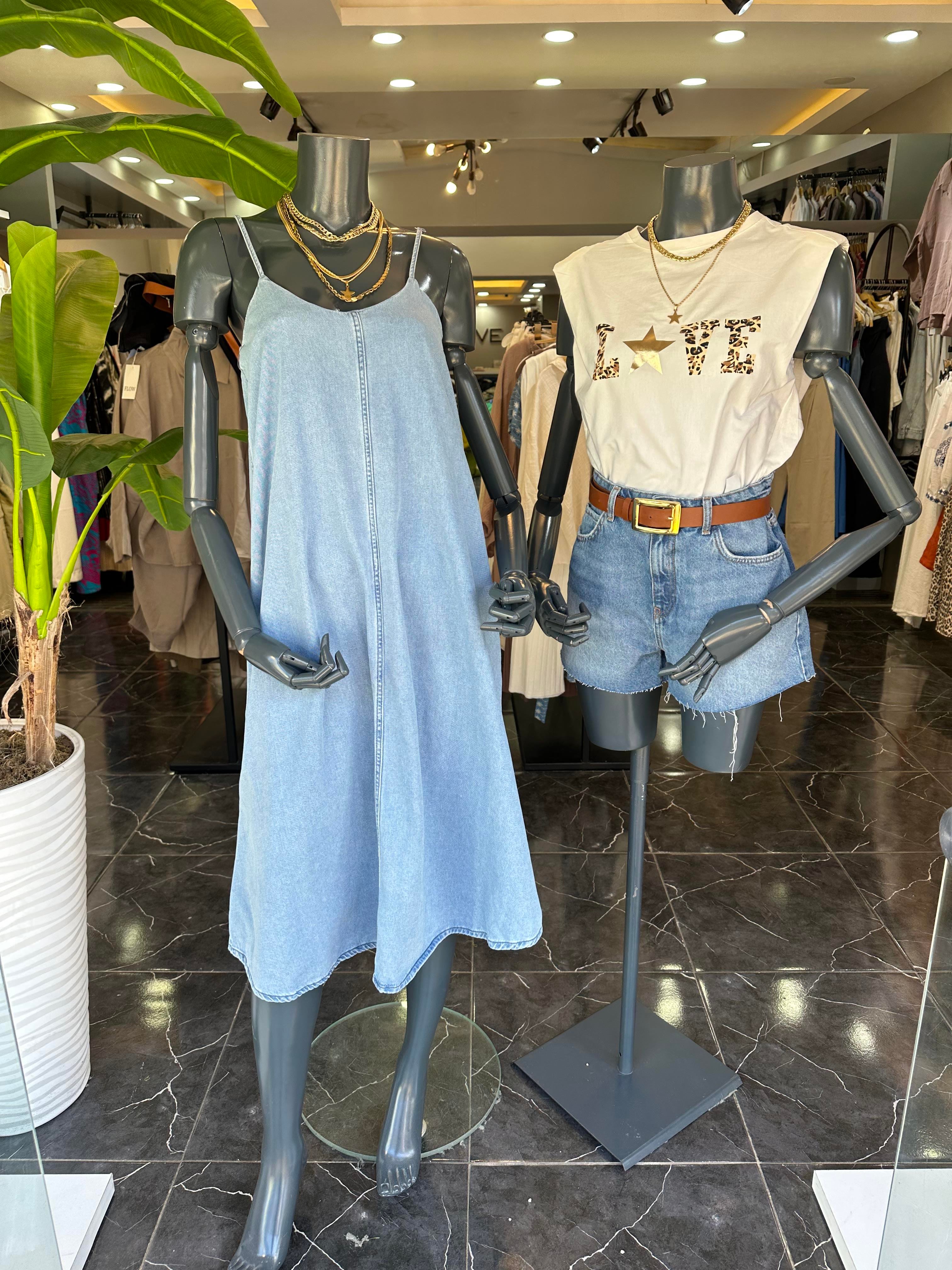 Askılı Midi Boy Kot Elbise