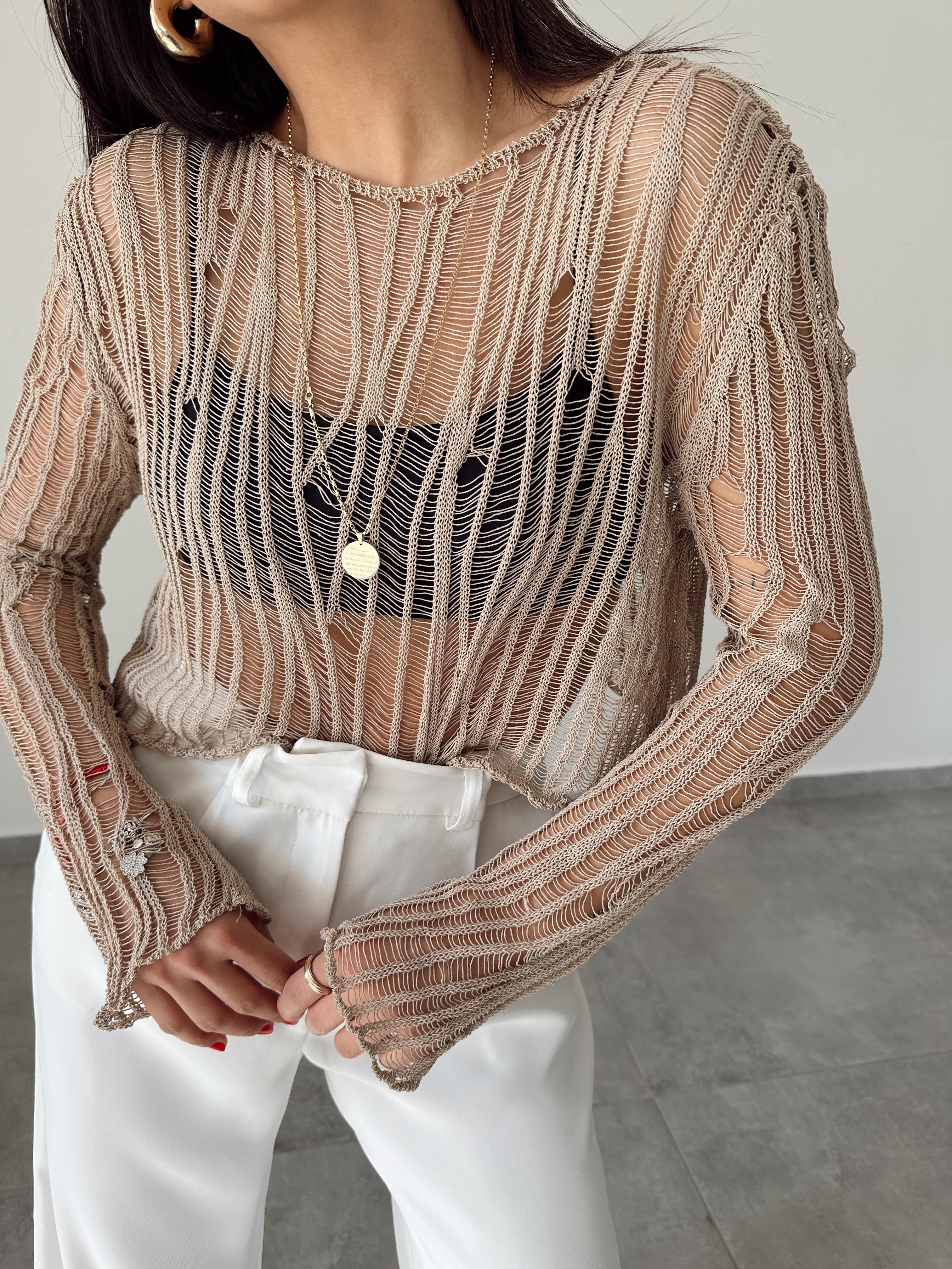 Bej Ajurlu Triko Bluz