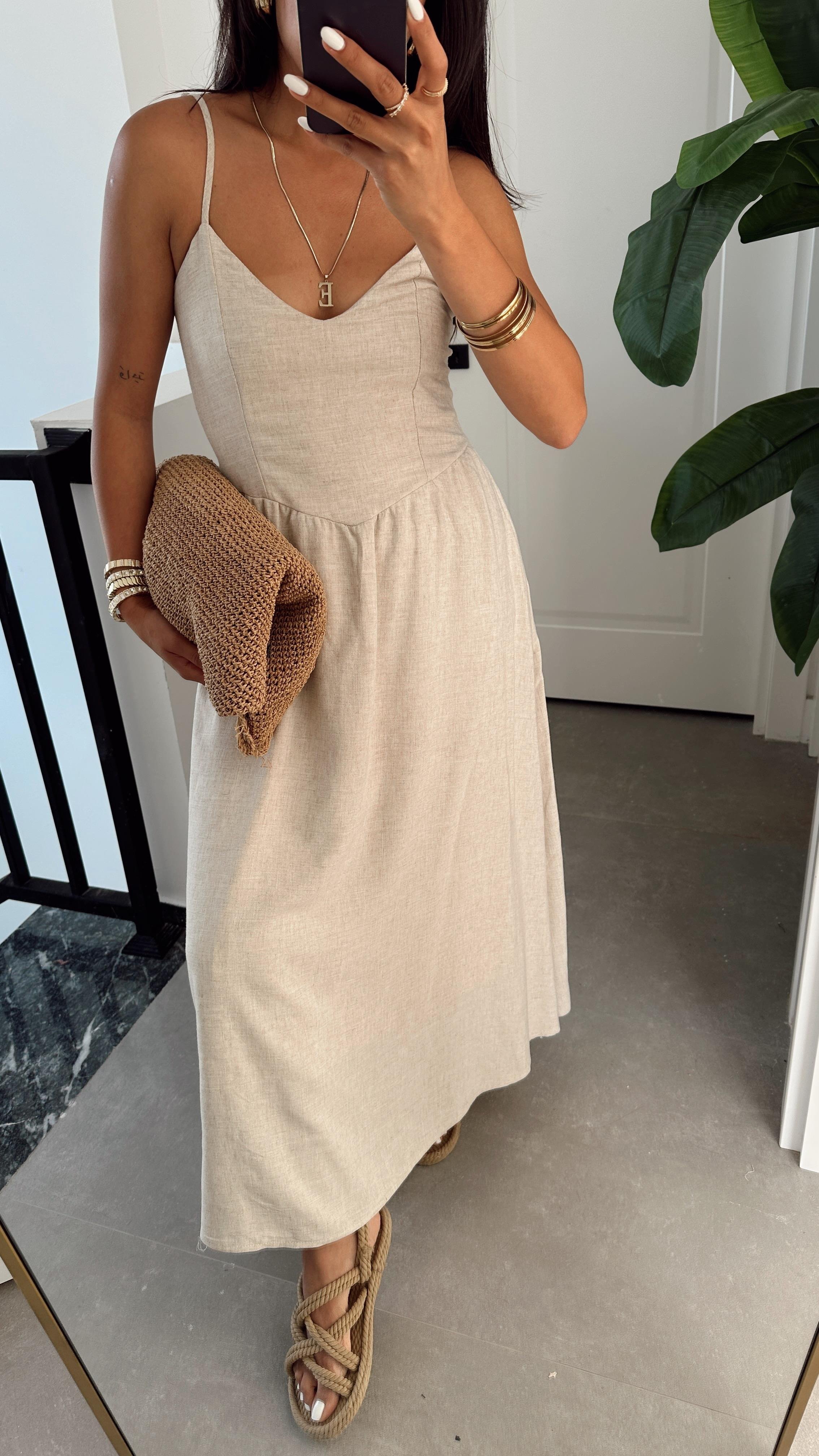 Bej Arkadan Bağlamalı Elbise