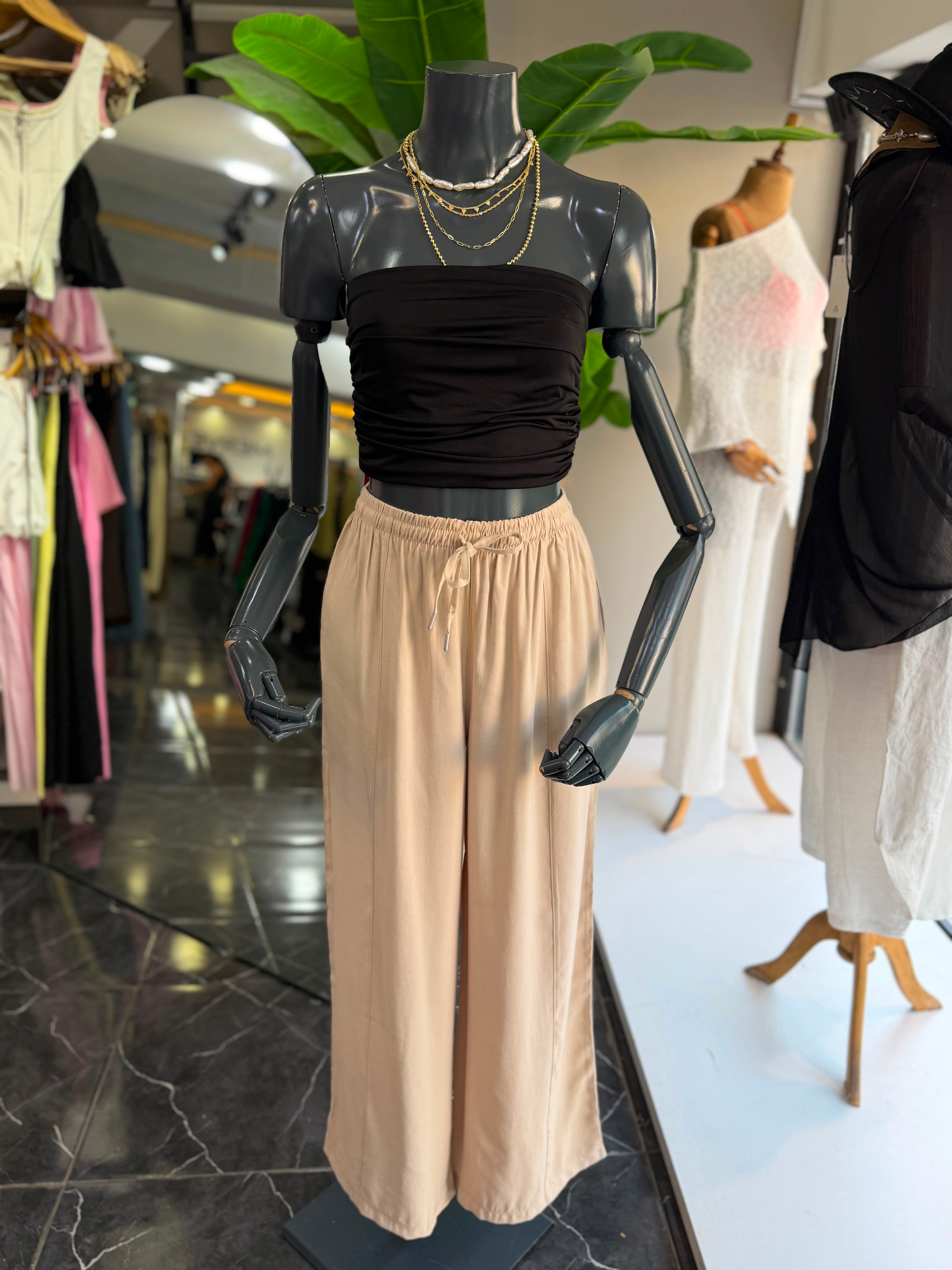 Bej Beli Lastikli Tencel Pantolon