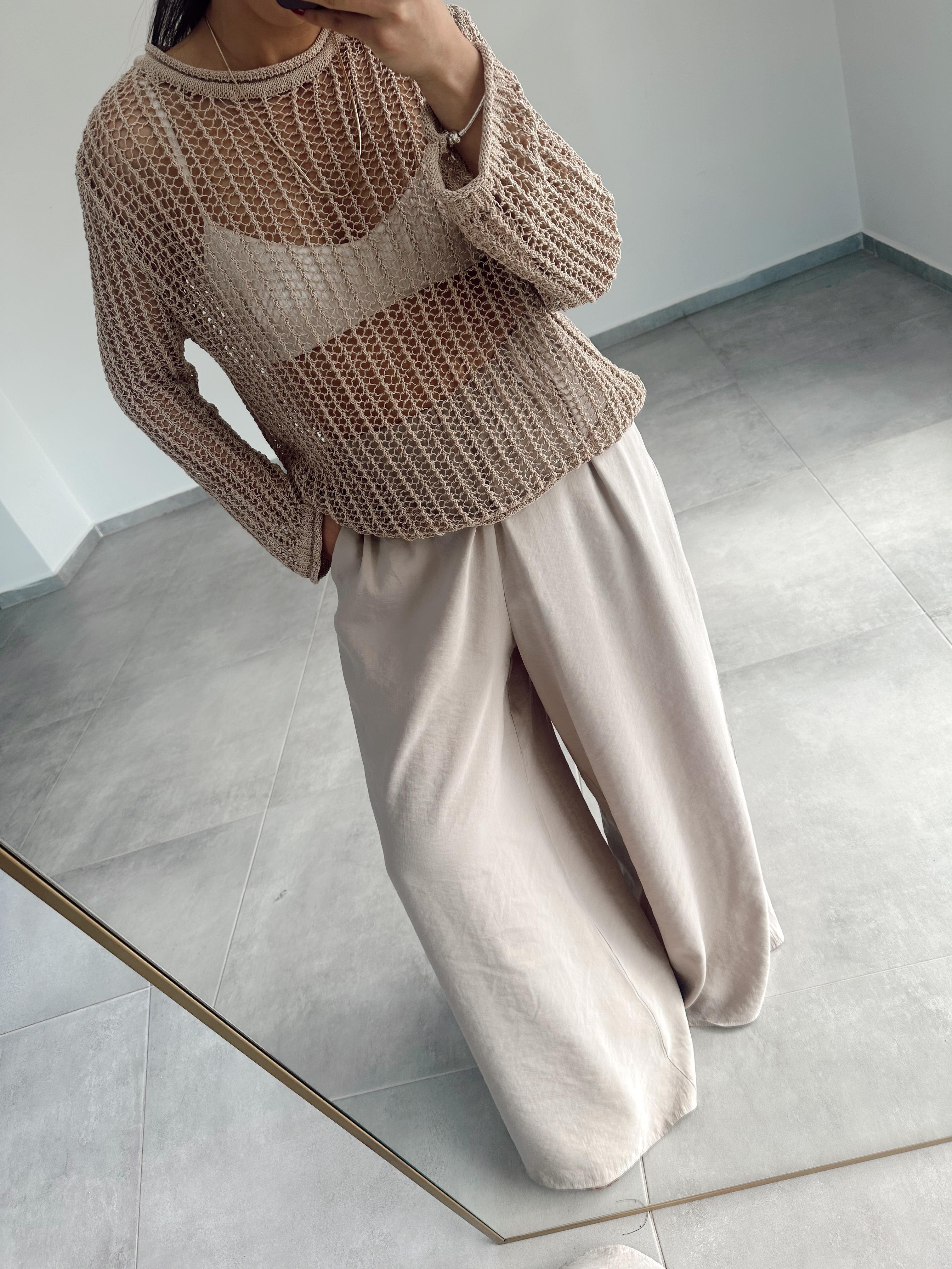 Bej Bisiklet Yaka Ajurlu Transparan Kazak