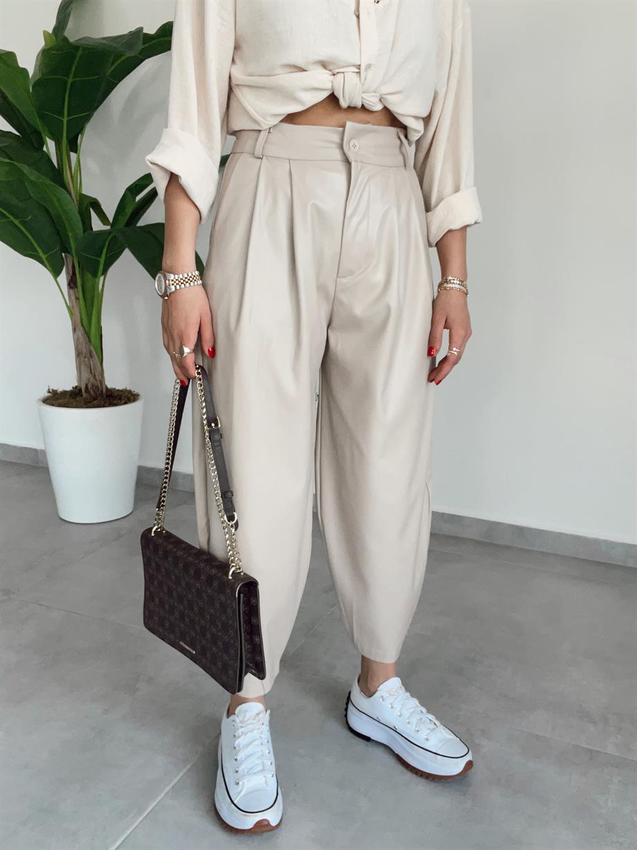 Bej Deri Şalvar Pantolon