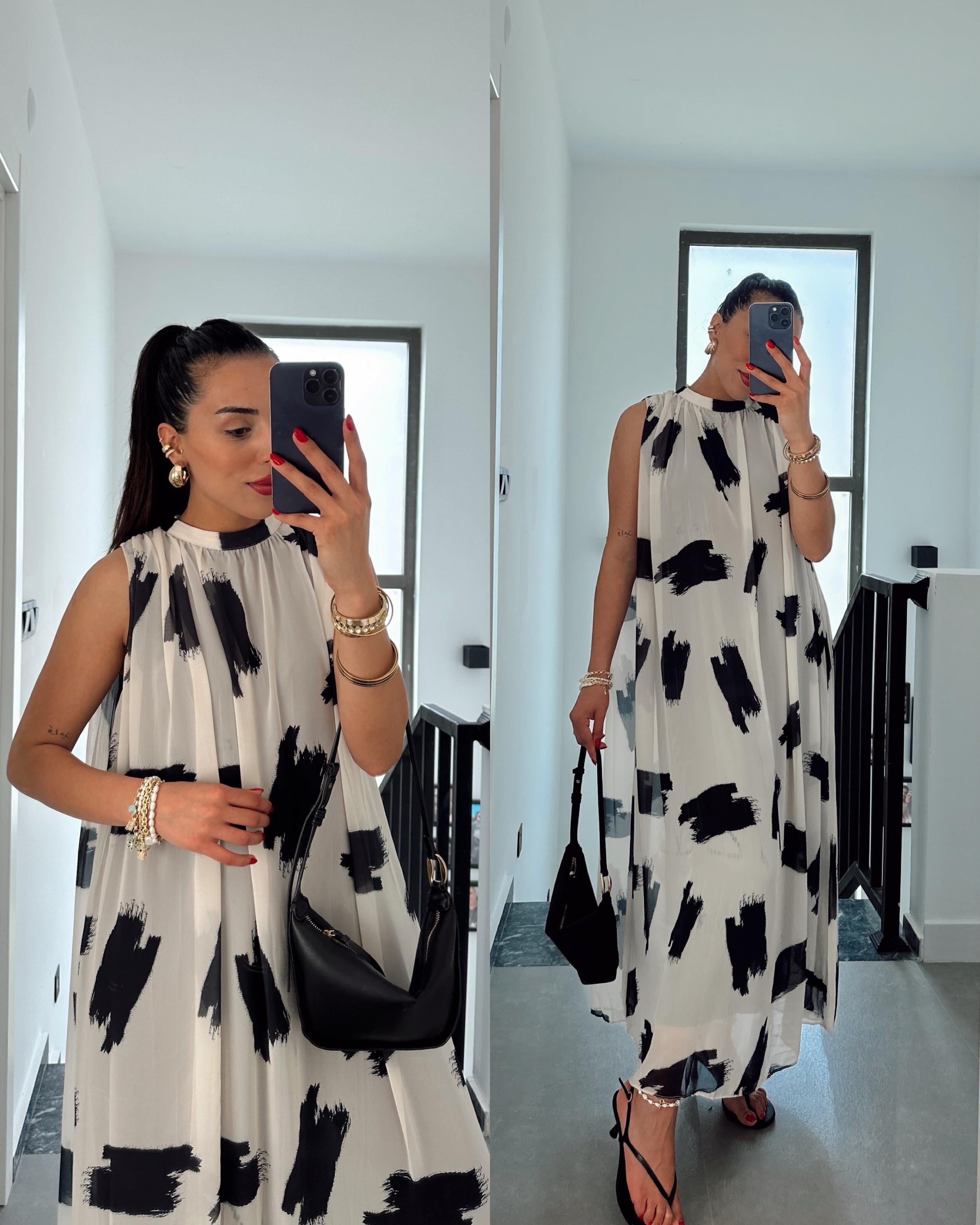 Bej Desenli Kraslı Elbise