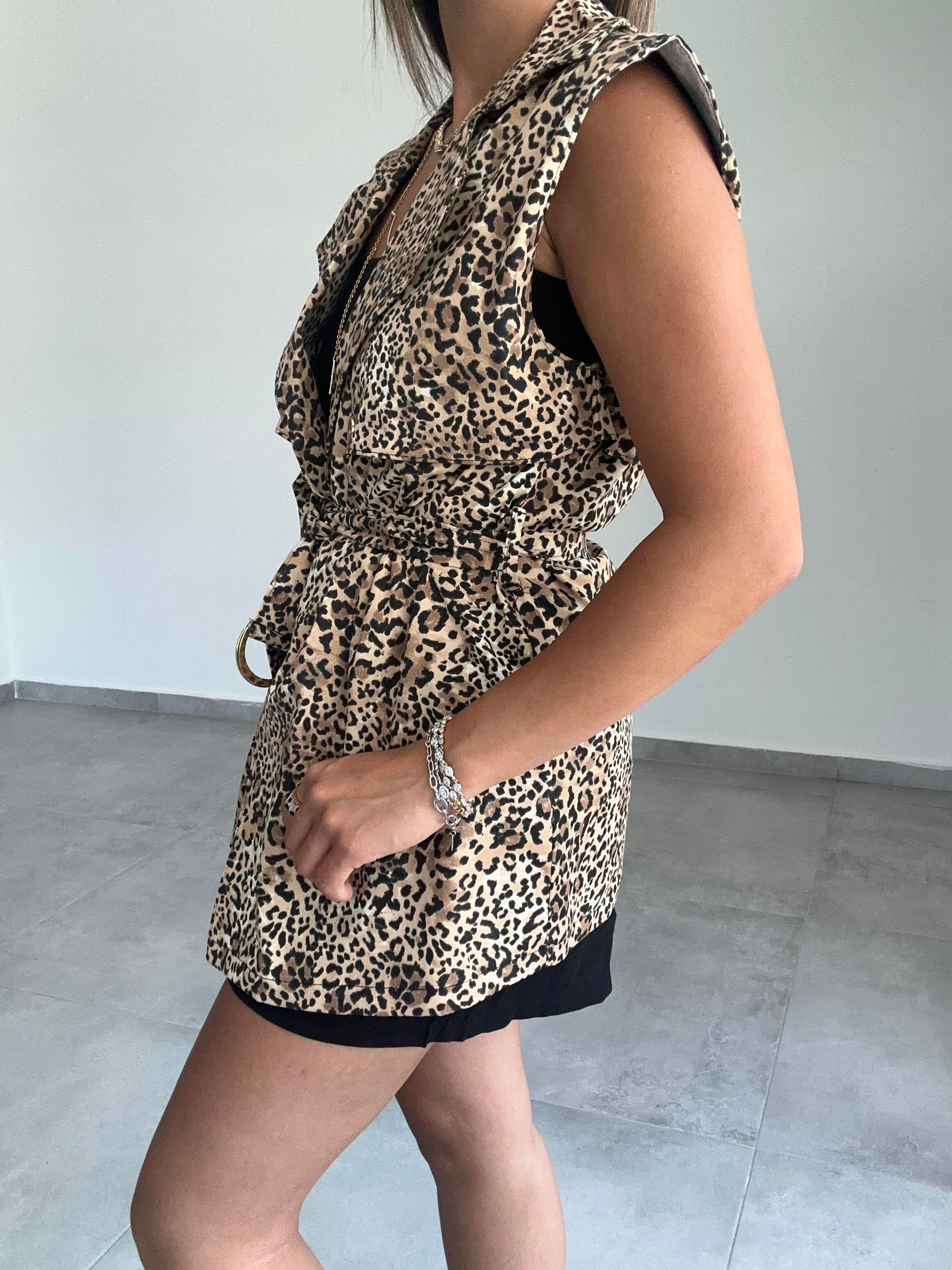 Bej-Kahv Leopar Desen Yelek