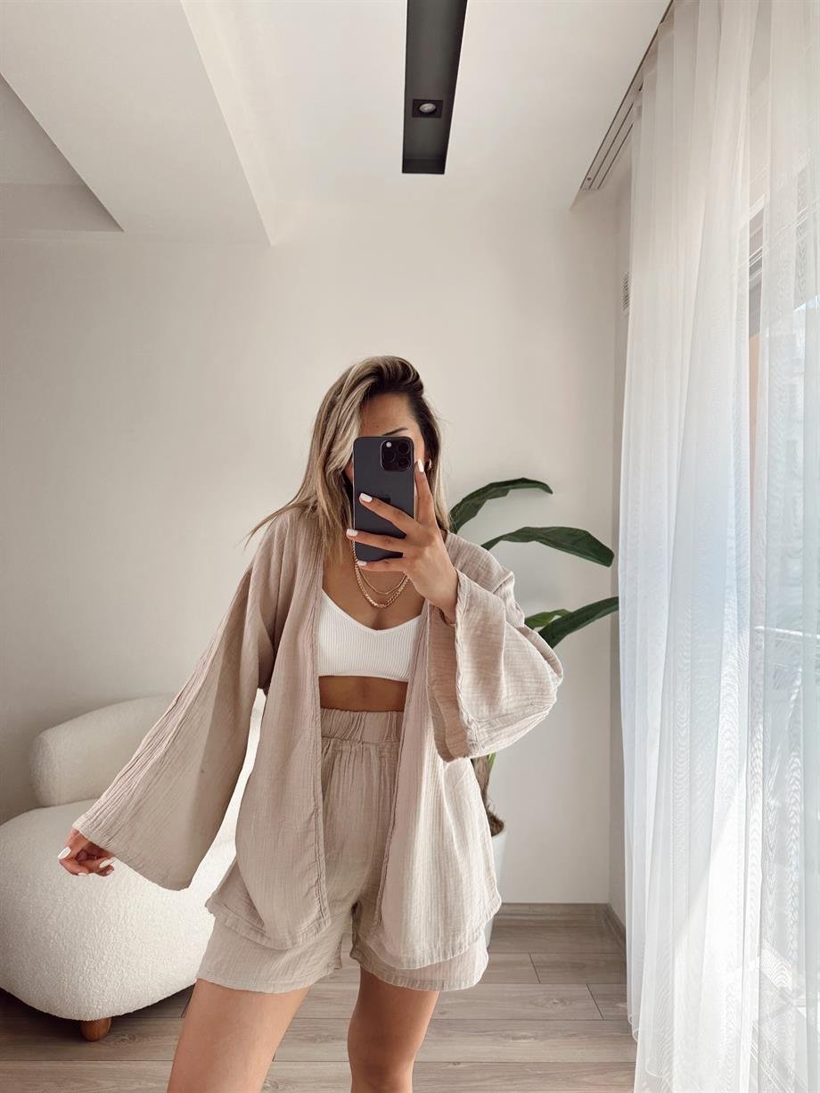 Bej Müslin Kimono-Şort Takım
