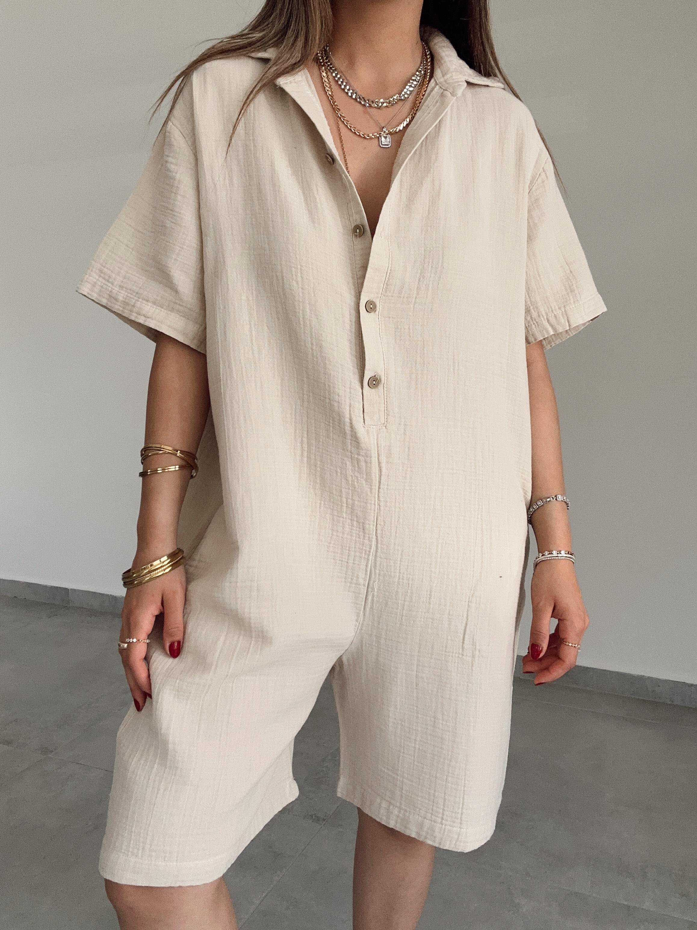 Bej Müslin Yakalı Tulum