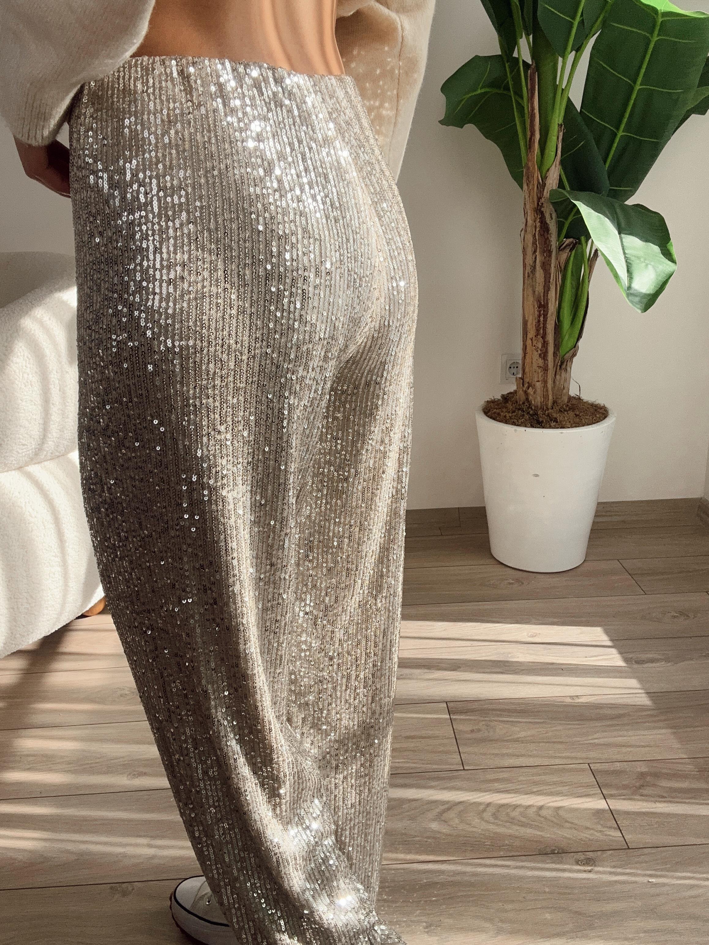 Bej Payetli Pantolon