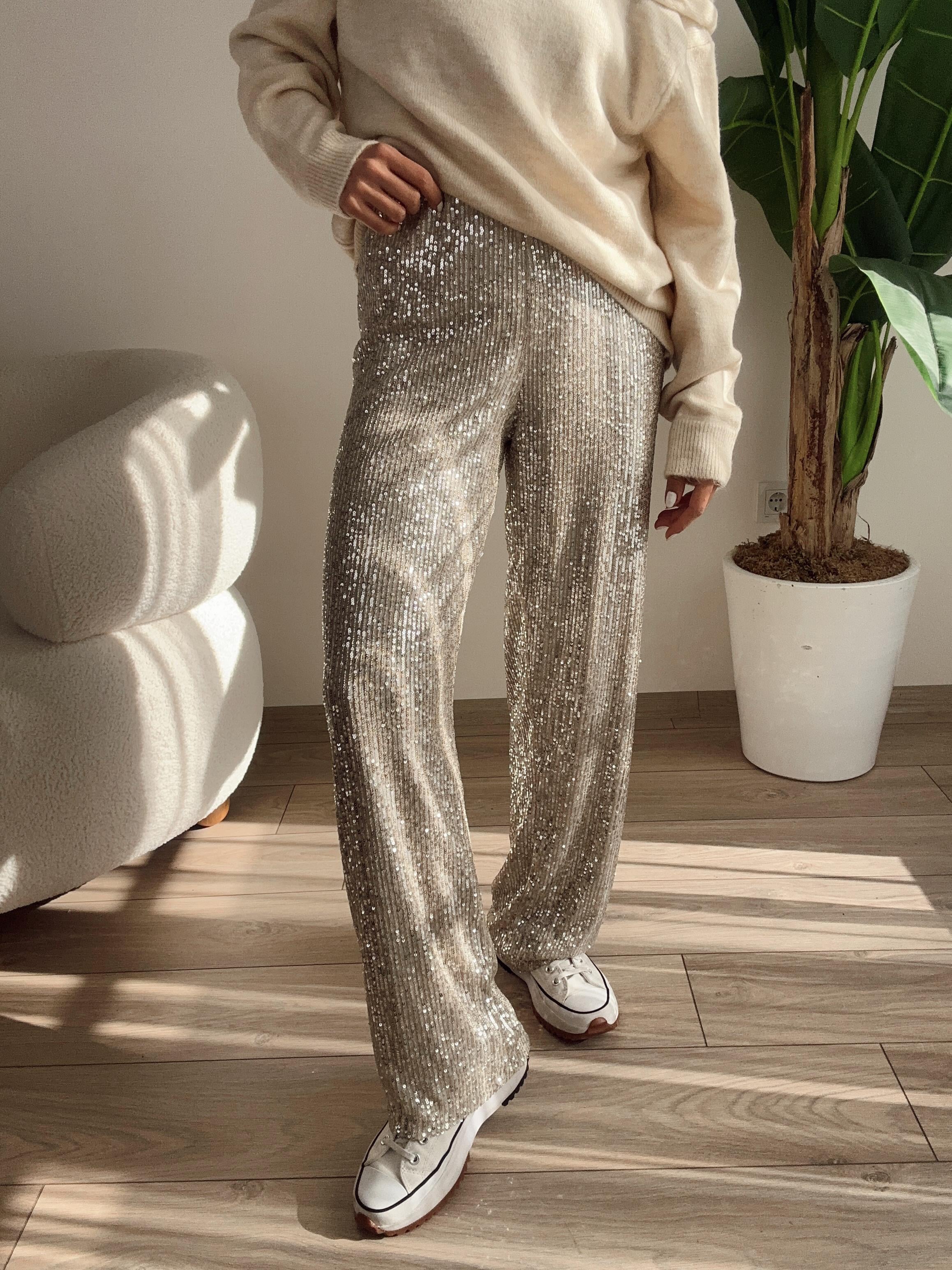 Bej Payetli Pantolon