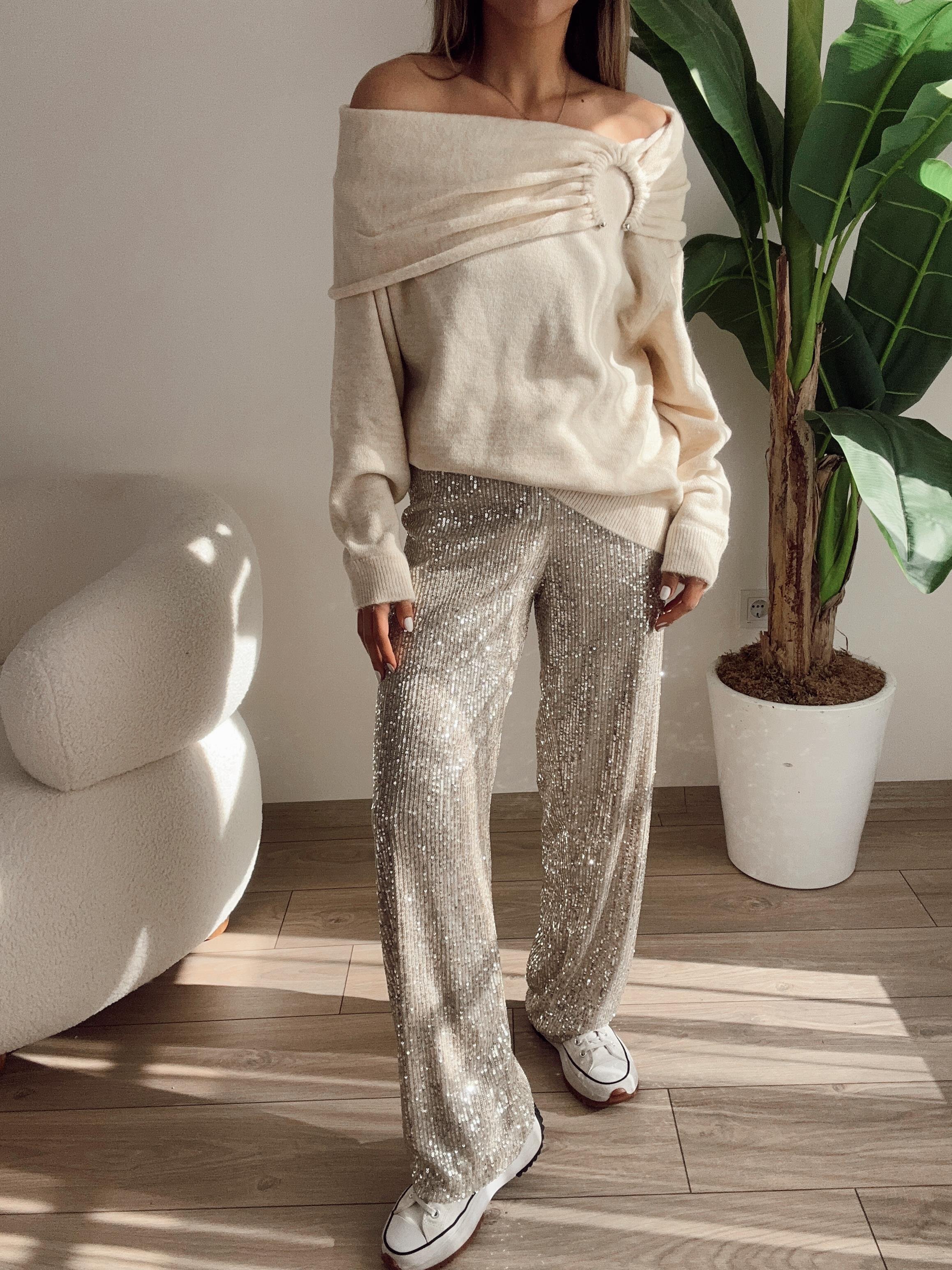 Bej Payetli Pantolon