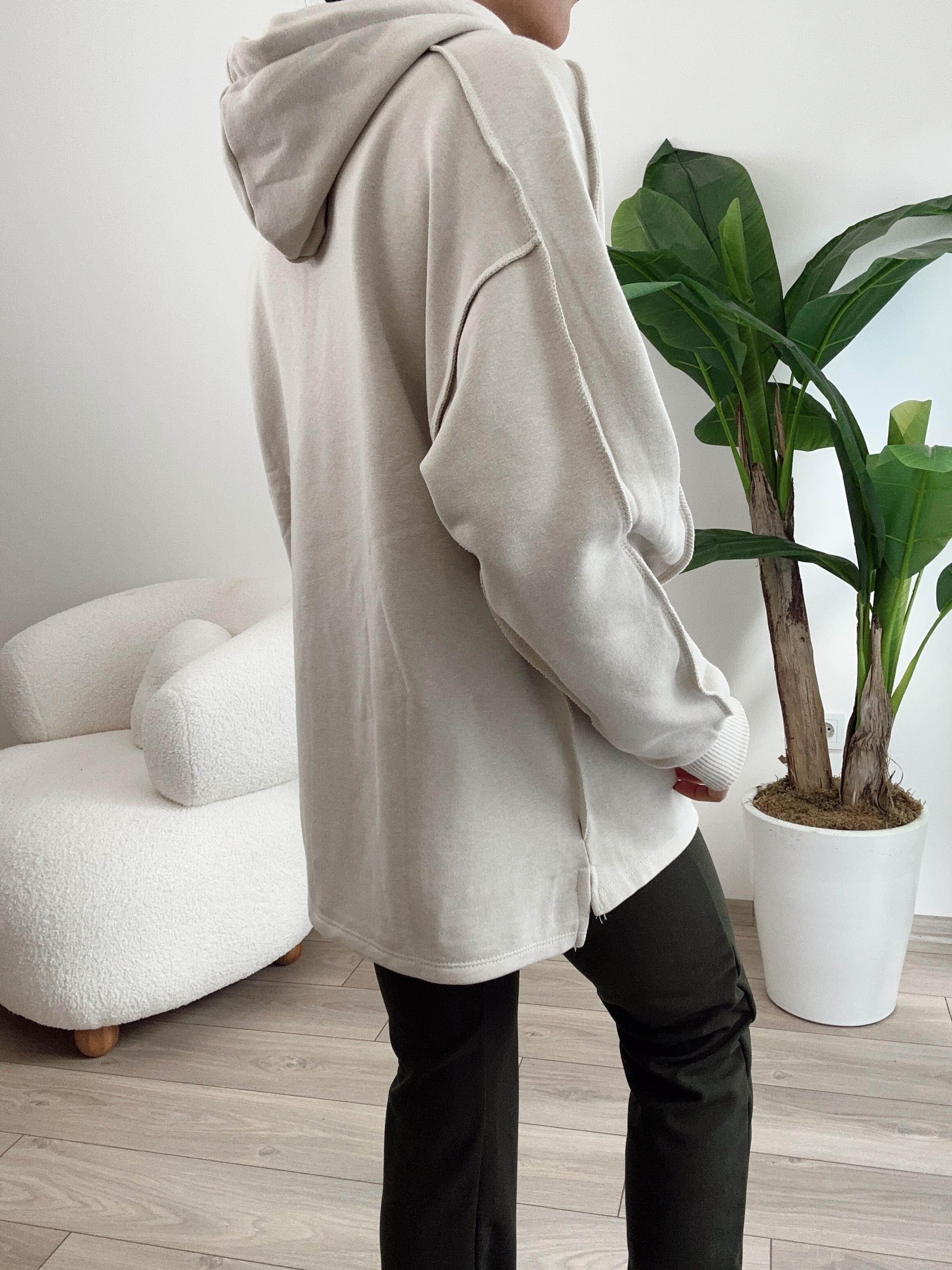 Bej Pis Dikiş Kapüşonlu Sweat