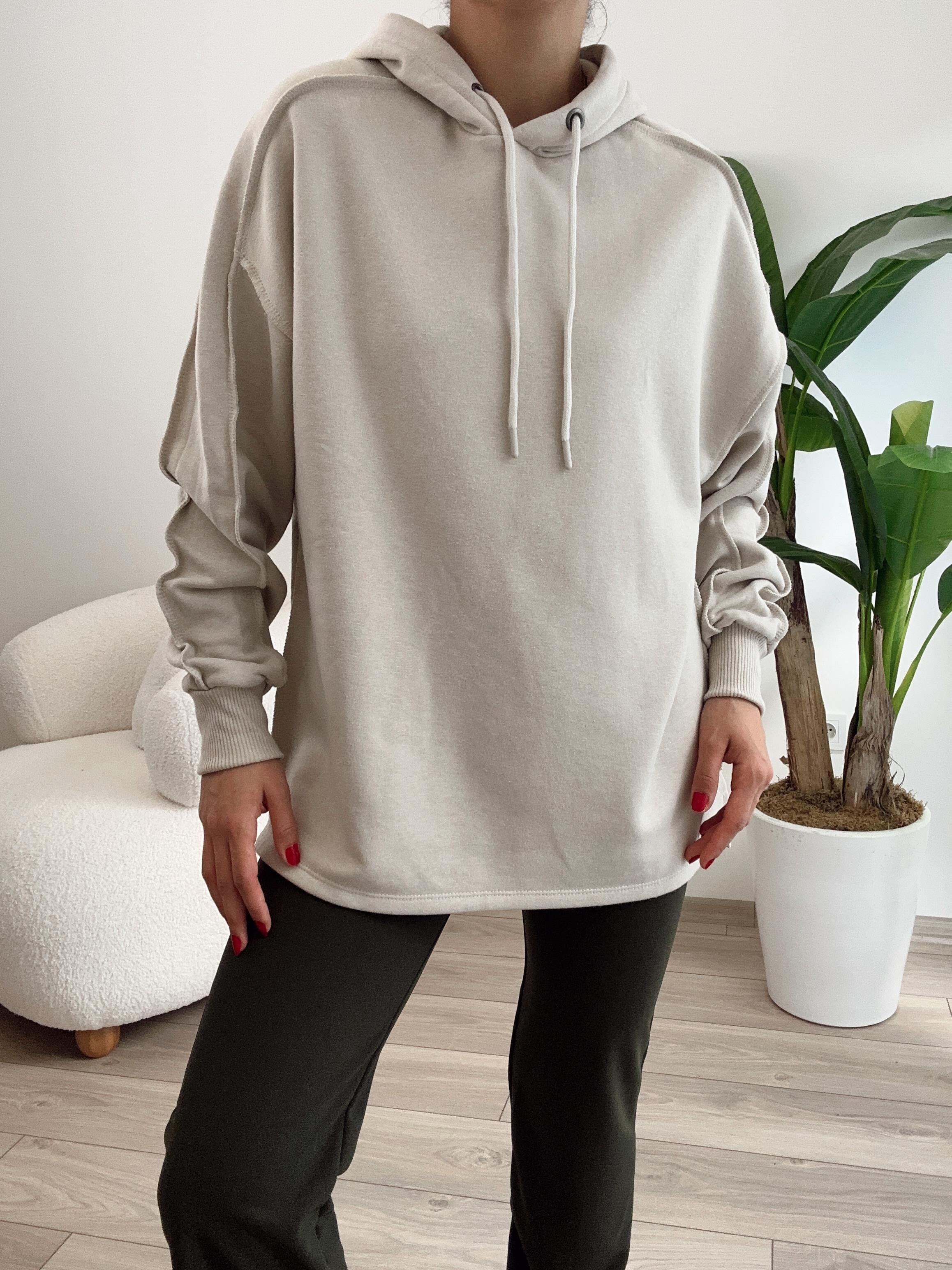 Bej Pis Dikiş Kapüşonlu Sweat