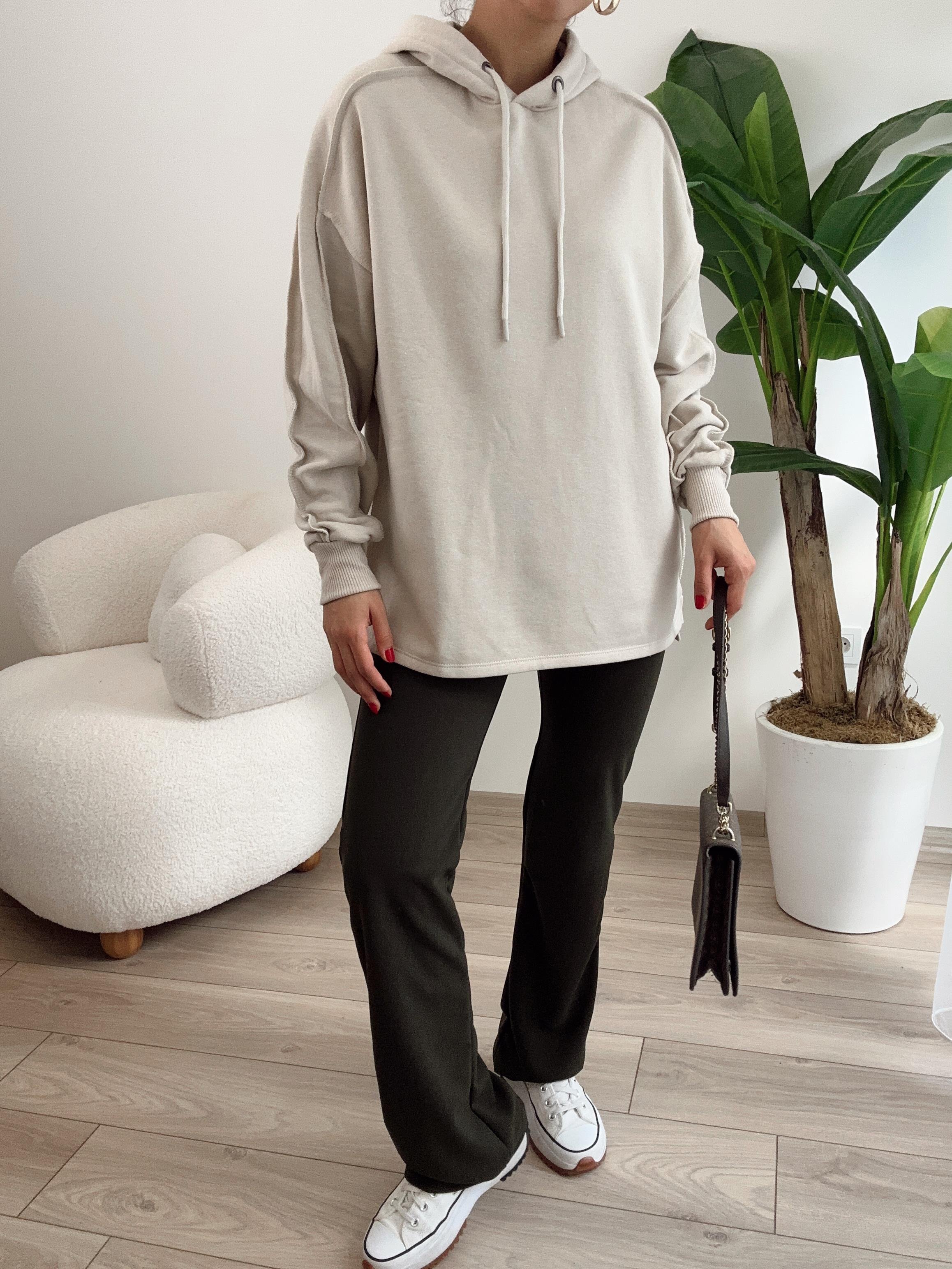 Bej Pis Dikiş Kapüşonlu Sweat