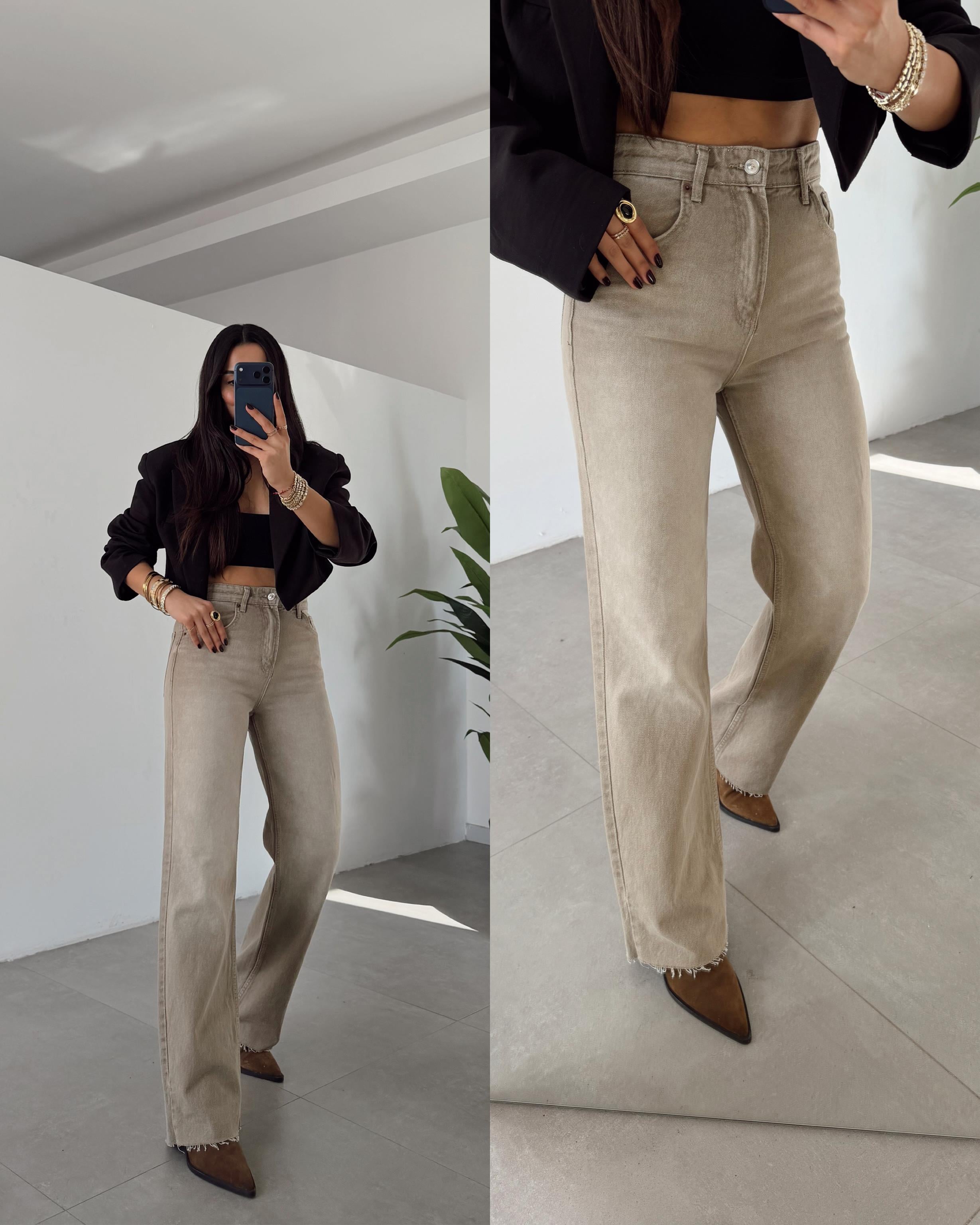 Bej Yıkamalı Straight Jean