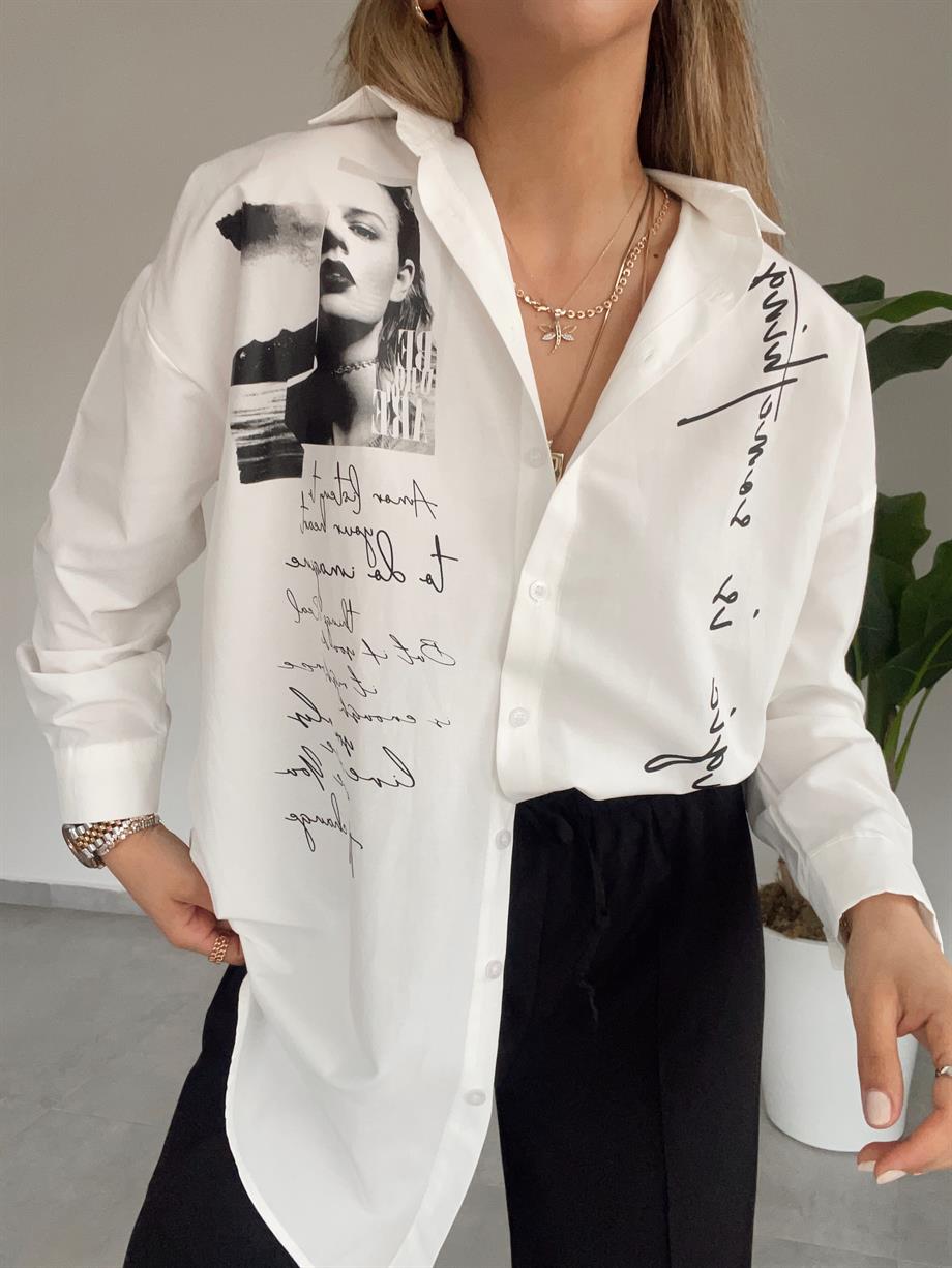 Beyaz Baskılı Gömlek